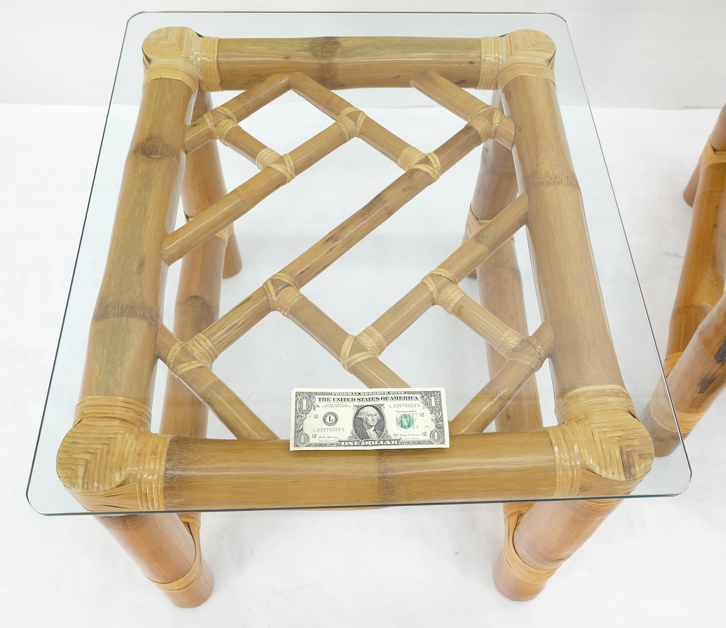 EstablishedLines Pair Thick Bamboo Glass Top Rectangle Glass Top End Side Lamp Tables MINT