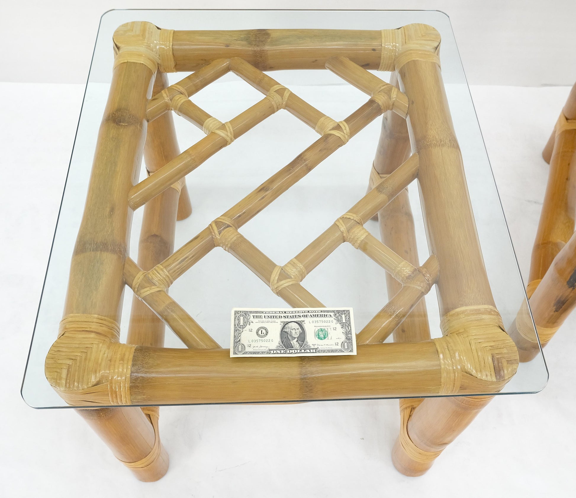 EstablishedLines Pair Thick Bamboo Glass Top Rectangle Glass Top End Side Lamp Tables MINT