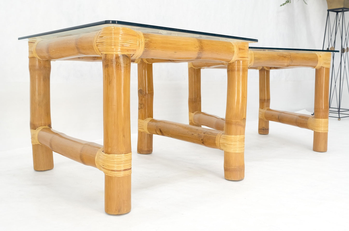 EstablishedLines Pair Thick Bamboo Glass Top Rectangle Glass Top End Side Lamp Tables MINT