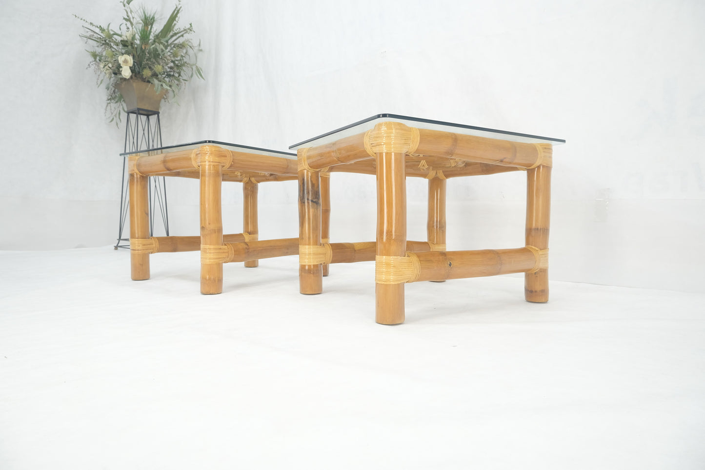 EstablishedLines Pair Thick Bamboo Glass Top Rectangle Glass Top End Side Lamp Tables MINT