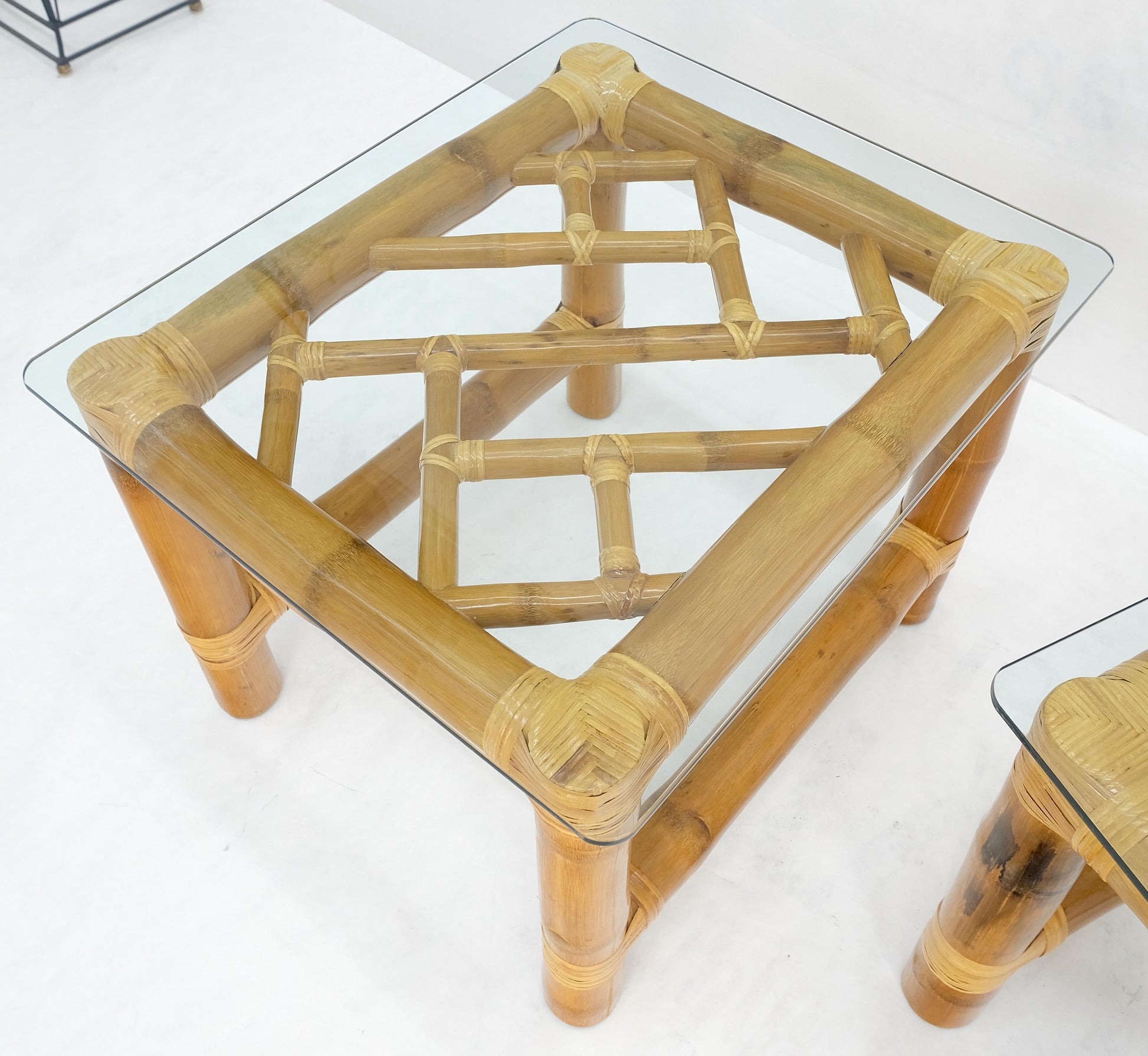 EstablishedLines Pair Thick Bamboo Glass Top Rectangle Glass Top End Side Lamp Tables MINT