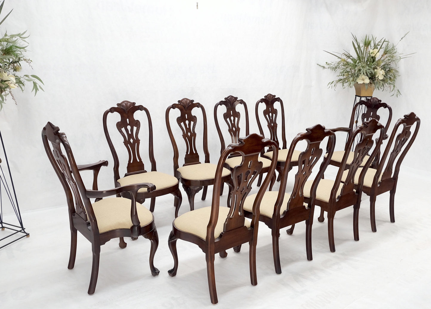EstablishedLines Set of 10 New Linen Upholstery Walnut Dining Chairs by Henredon Mint