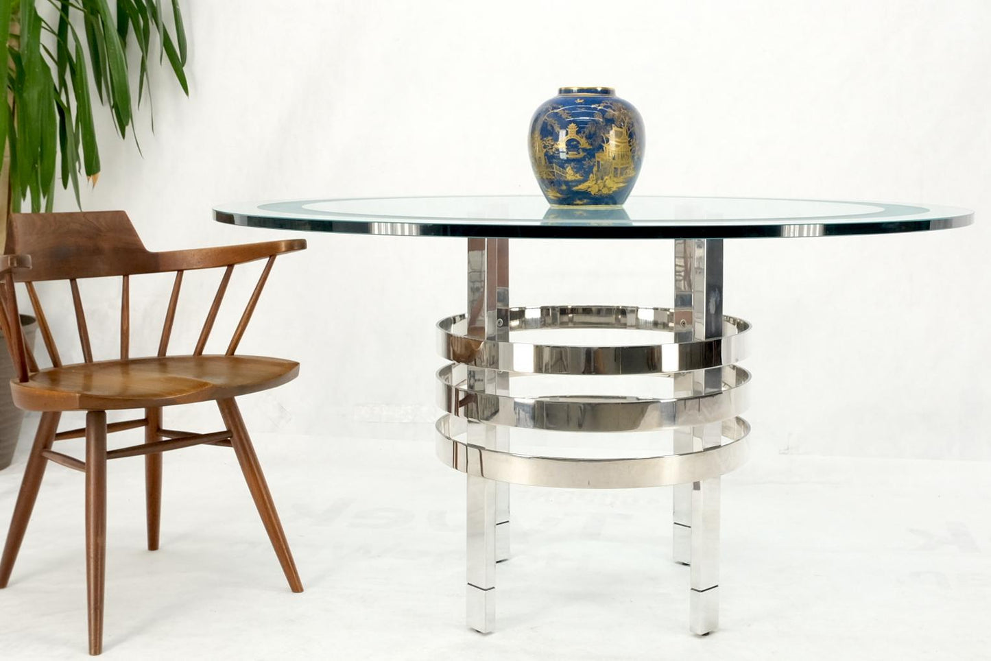 EstablishedLines Heavy Polished Solid Stainless Steel Glass Round Dining Game Table Ribbed Design