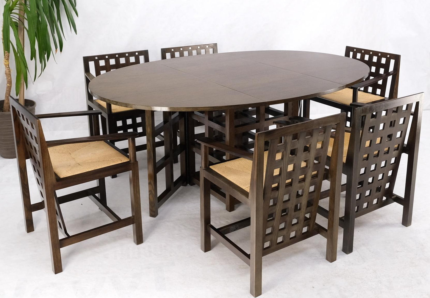 EstablishedLines Brown Oak Cassina Macintosh Drop Leaf Dining Table 6 Rush Seat Chairs Set Mint
