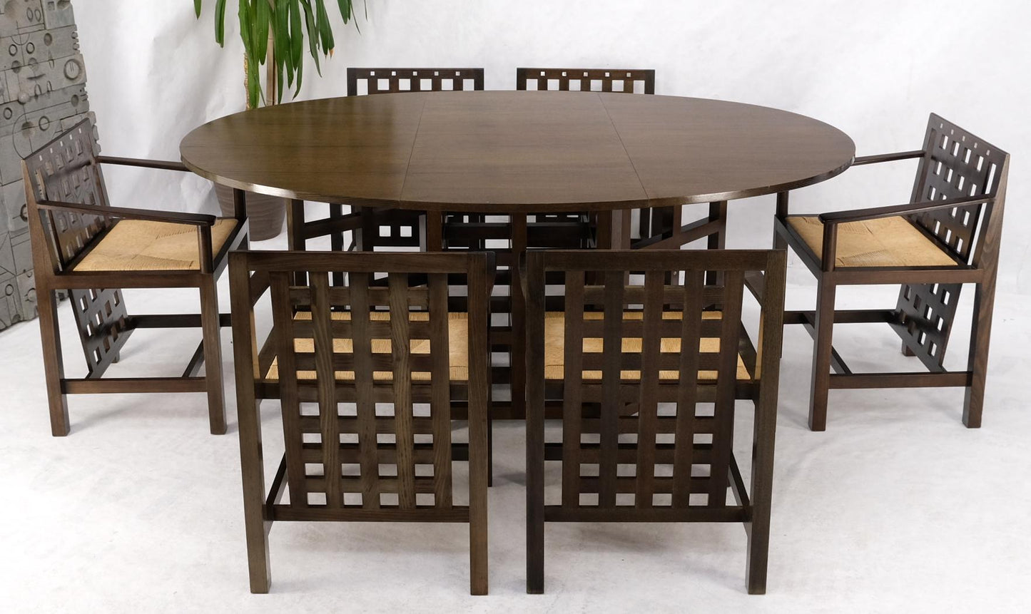 EstablishedLines Brown Oak Cassina Macintosh Drop Leaf Dining Table 6 Rush Seat Chairs Set Mint