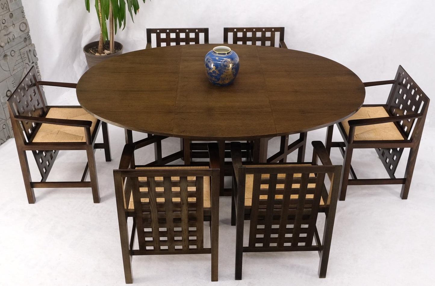 EstablishedLines Brown Oak Cassina Macintosh Drop Leaf Dining Table 6 Rush Seat Chairs Set Mint