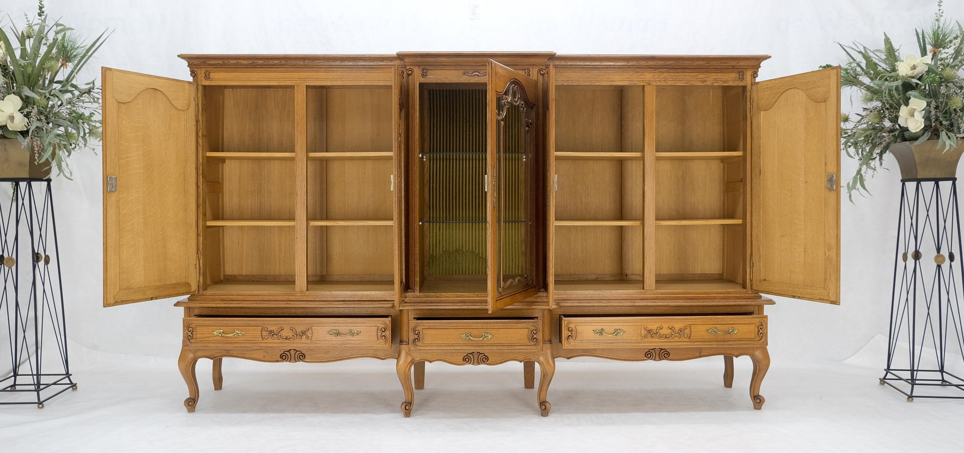 EstablishedLines Carved Oak Oversize 5 Doors Long Credenza Cabinet Sideboard w/ Shelves Drawer