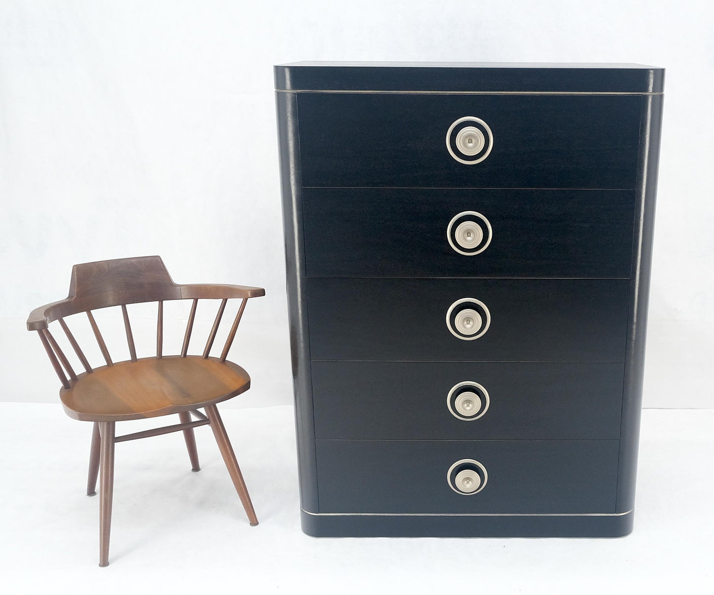 EstablishedLines Black Lacquer & Silver 5 Drawers Art Deco Tall Chest Dresser MINT