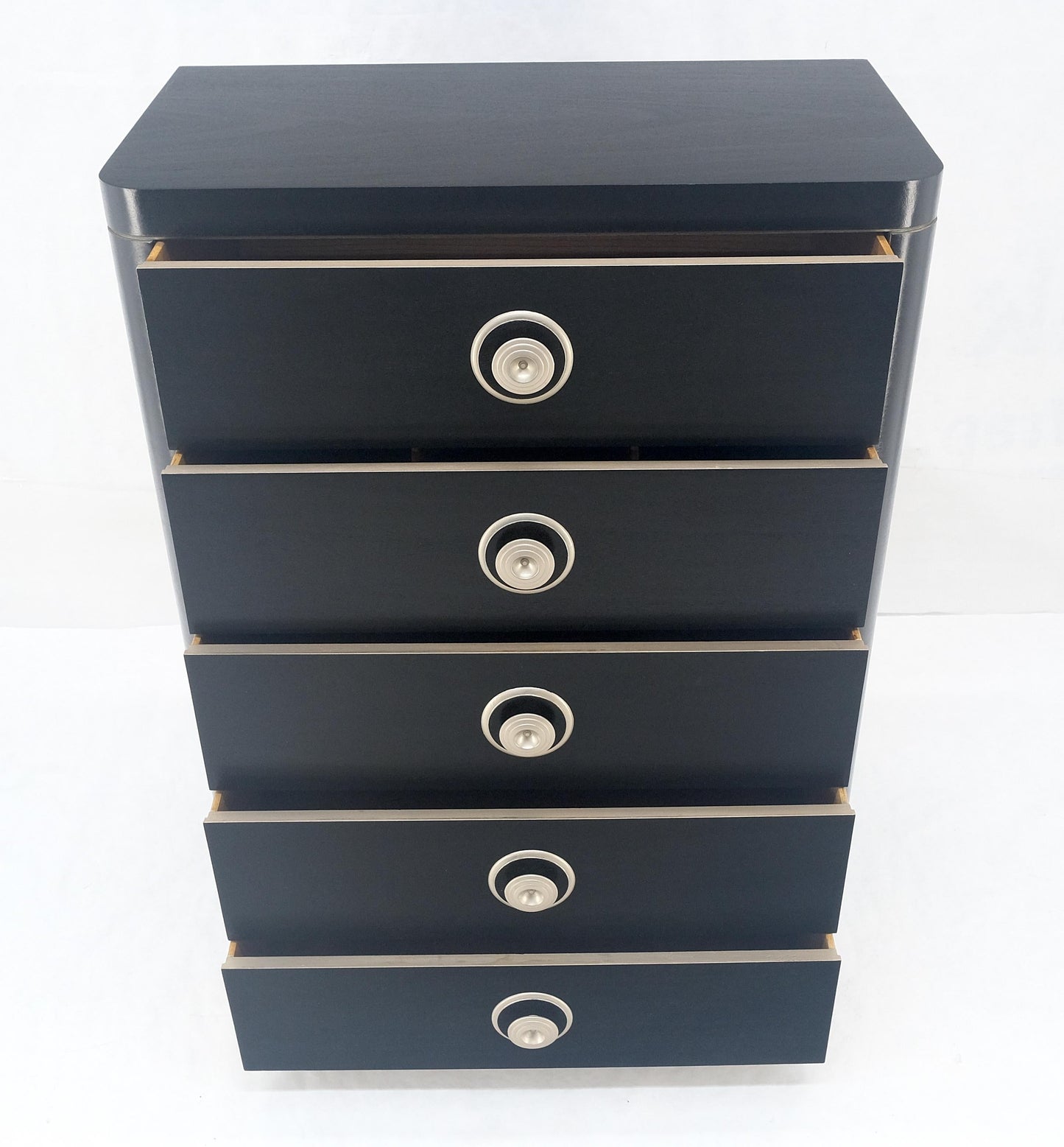 EstablishedLines Black Lacquer & Silver 5 Drawers Art Deco Tall Chest Dresser MINT