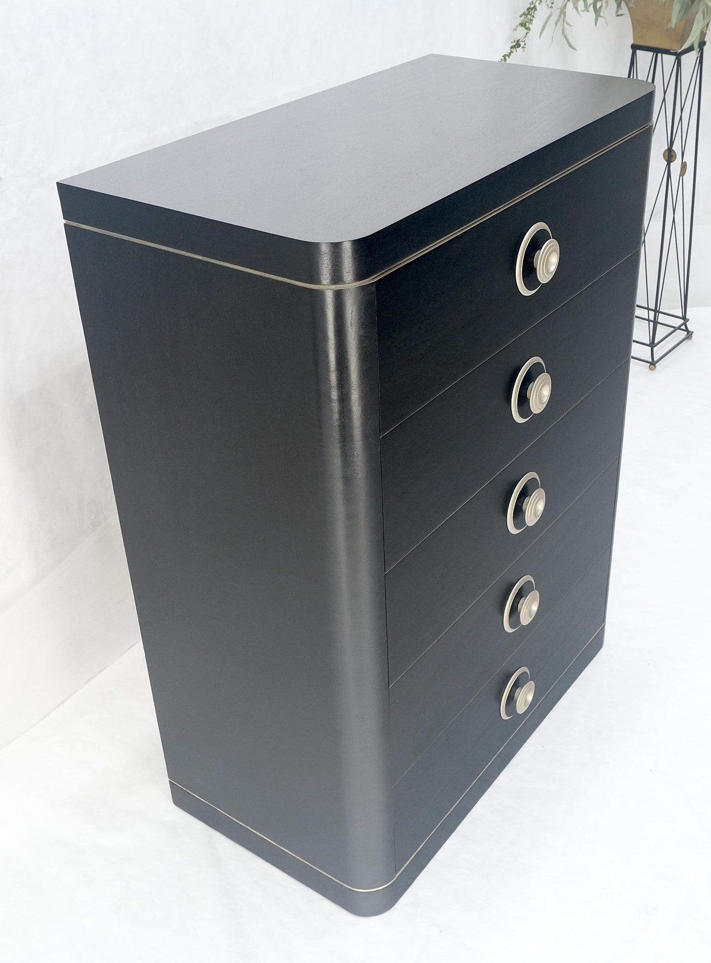 EstablishedLines Black Lacquer & Silver 5 Drawers Art Deco Tall Chest Dresser MINT