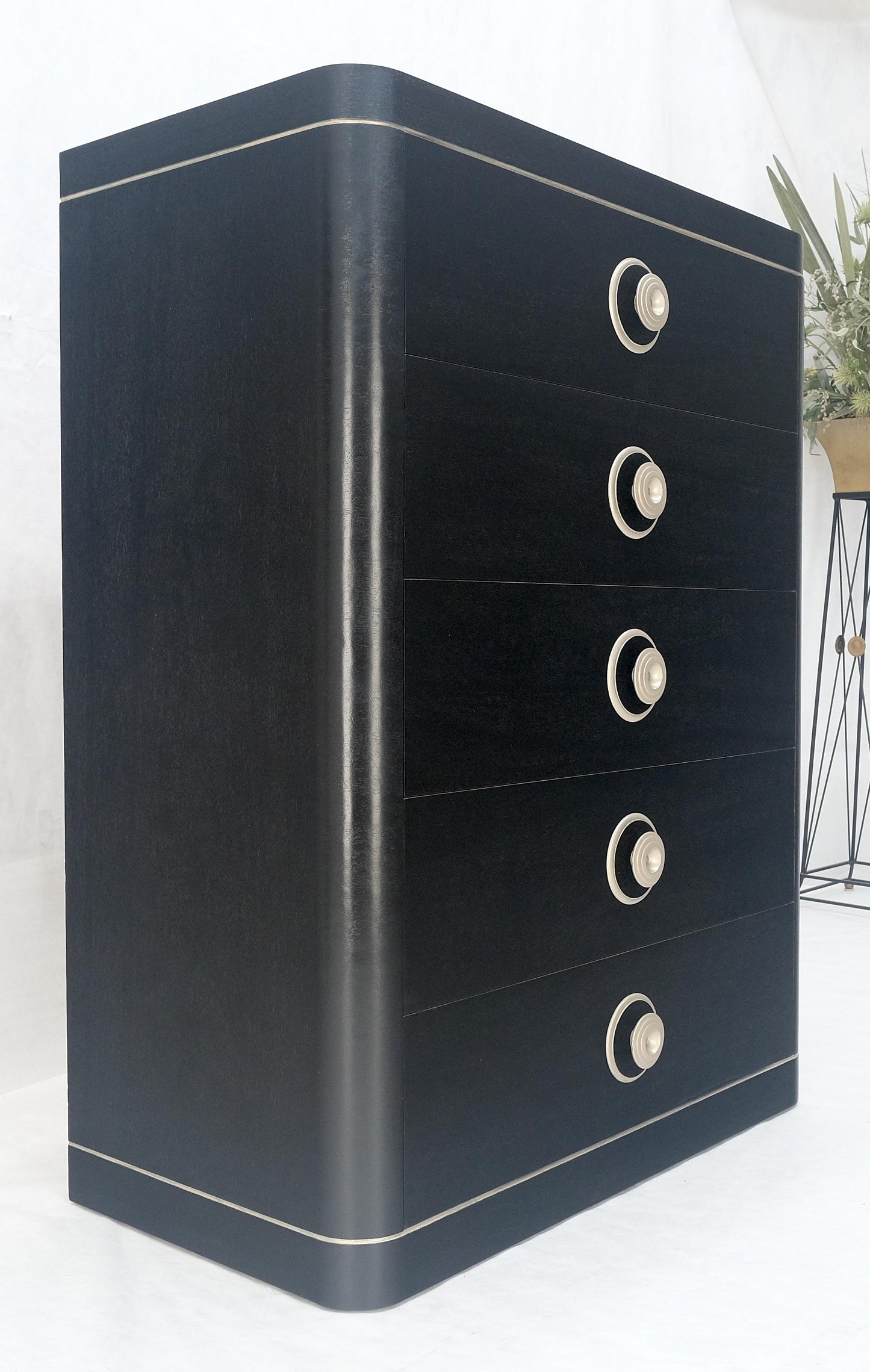 EstablishedLines Black Lacquer & Silver 5 Drawers Art Deco Tall Chest Dresser MINT
