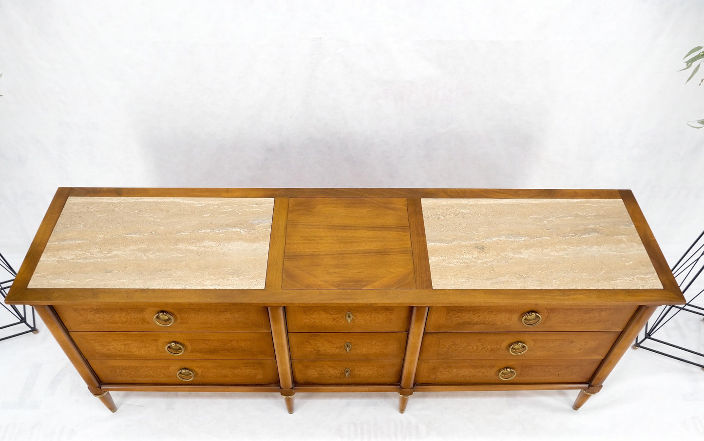 EstablishedLines Light Walnut Long Travertine Top 9 Drawers Dresser Credenza Drop Ring Pulls MINT