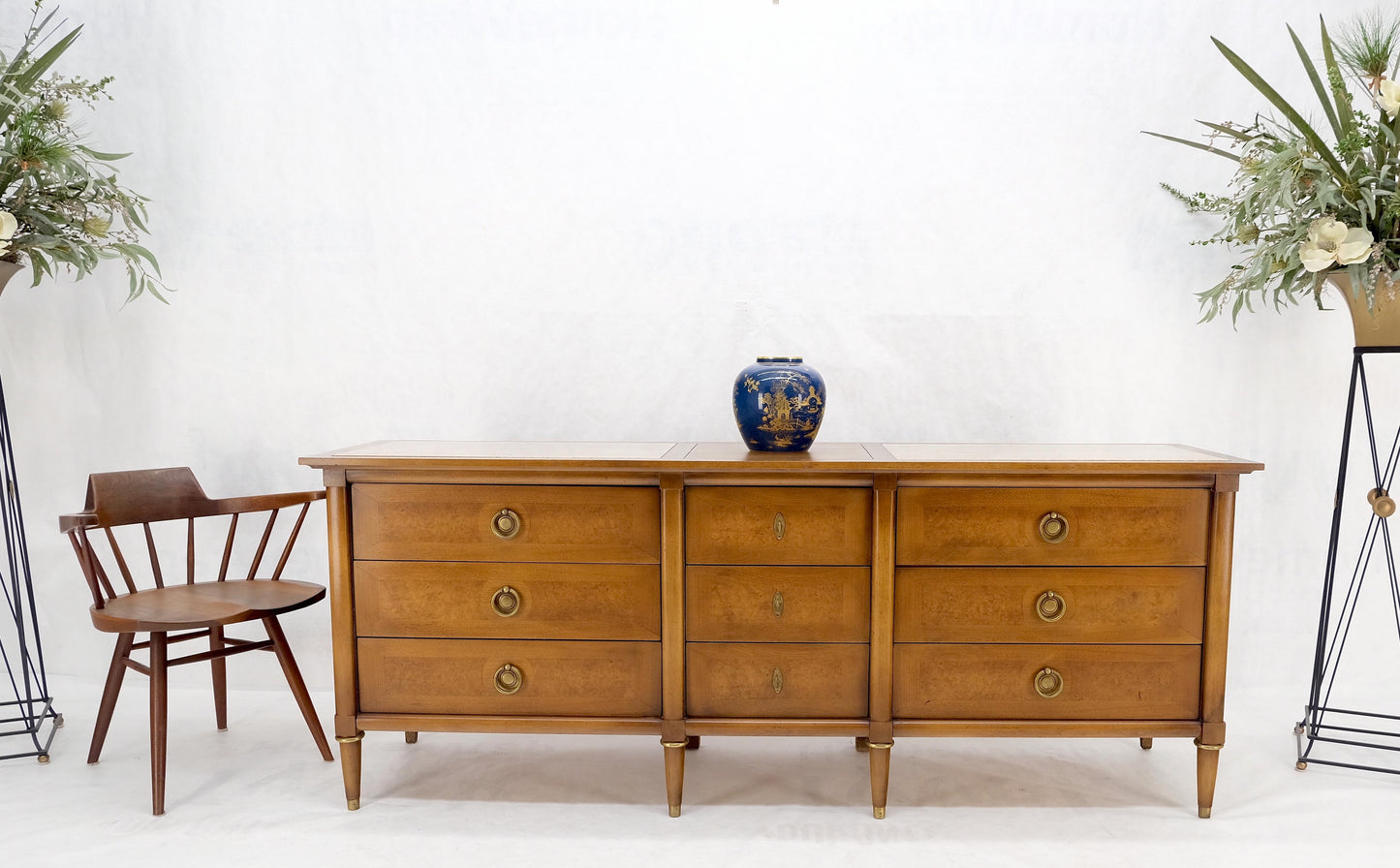 EstablishedLines Light Walnut Long Travertine Top 9 Drawers Dresser Credenza Drop Ring Pulls MINT