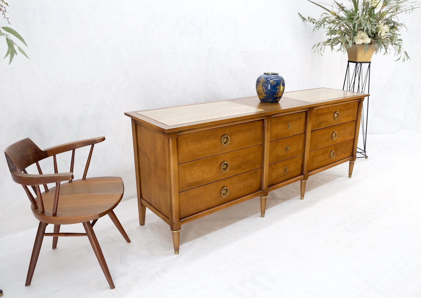 EstablishedLines Light Walnut Long Travertine Top 9 Drawers Dresser Credenza Drop Ring Pulls MINT