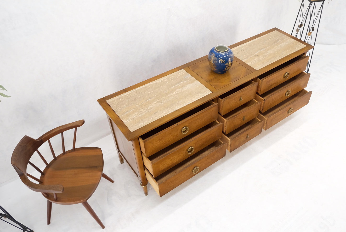 EstablishedLines Light Walnut Long Travertine Top 9 Drawers Dresser Credenza Drop Ring Pulls MINT