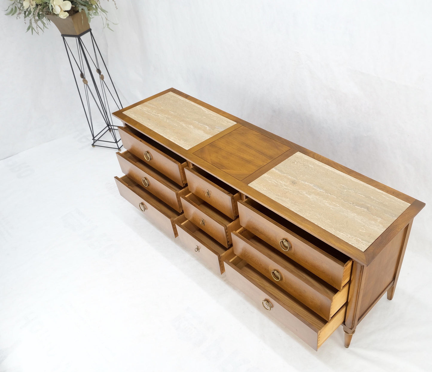 EstablishedLines Light Walnut Long Travertine Top 9 Drawers Dresser Credenza Drop Ring Pulls MINT
