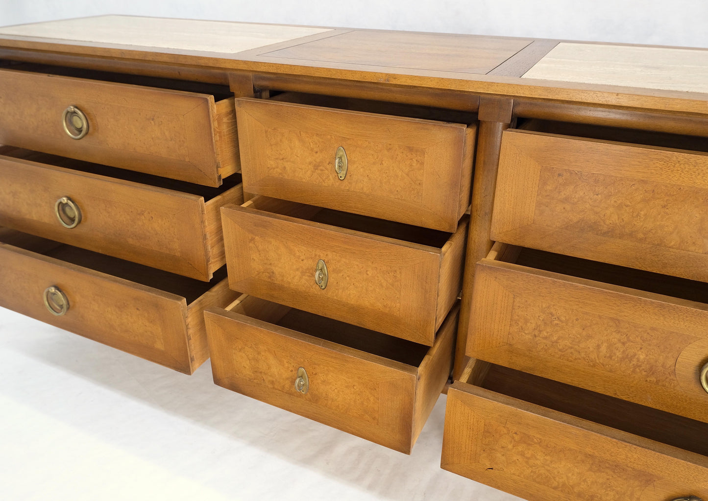 EstablishedLines Light Walnut Long Travertine Top 9 Drawers Dresser Credenza Drop Ring Pulls MINT