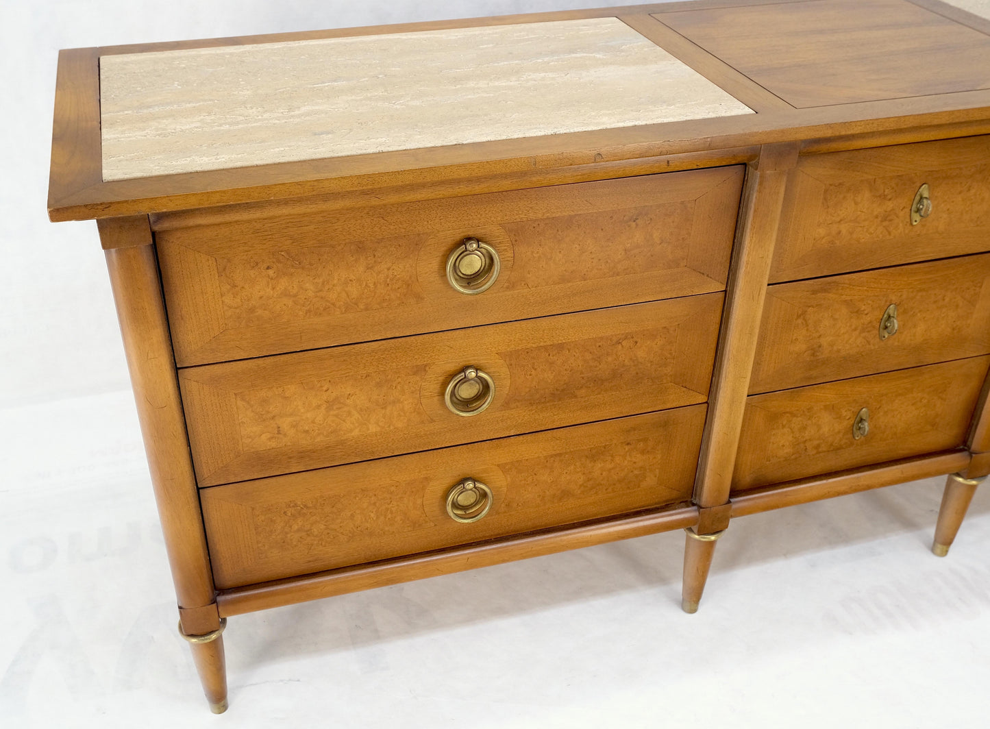 EstablishedLines Light Walnut Long Travertine Top 9 Drawers Dresser Credenza Drop Ring Pulls MINT