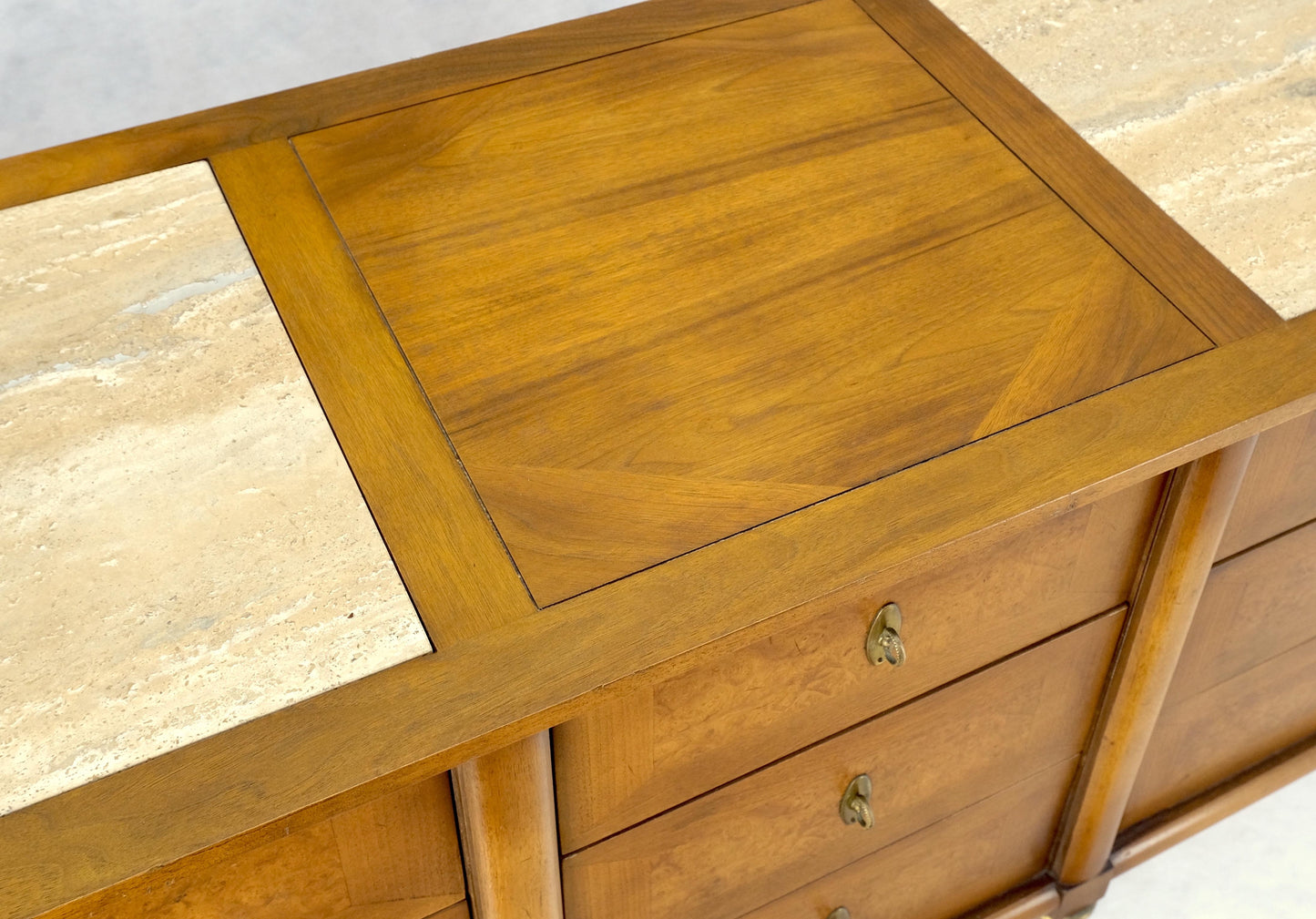 EstablishedLines Light Walnut Long Travertine Top 9 Drawers Dresser Credenza Drop Ring Pulls MINT