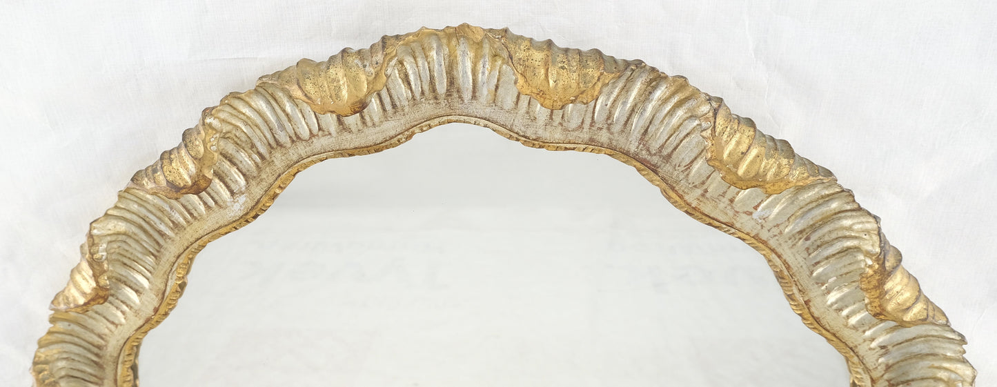 EstablishedLines Carved Wood Scallop Edge Style Silver & Gold Gilt Oval c1970s Wall Mirror MINT!