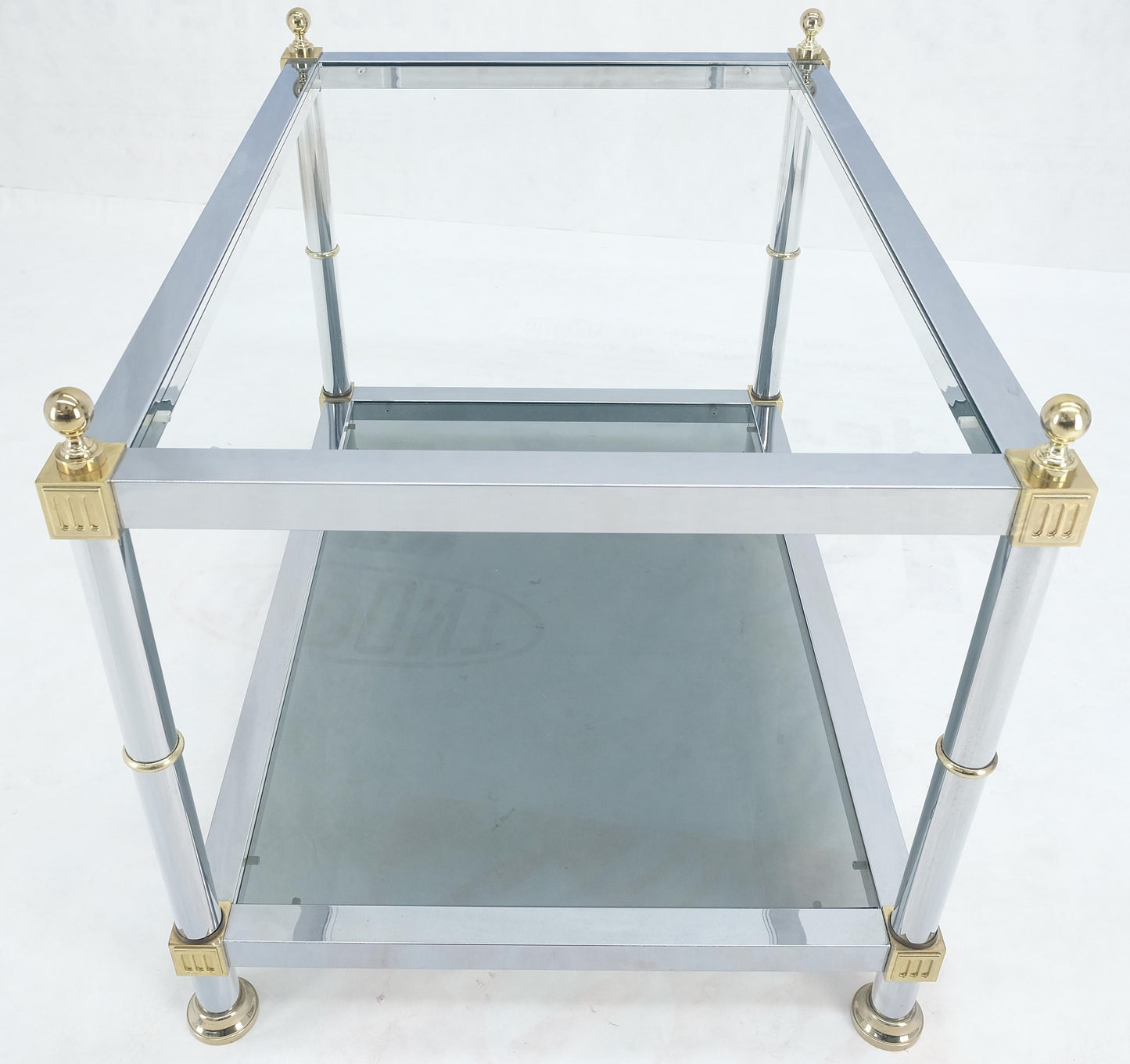 EstablishedLines Pair of Rectangle Chrome & Brass Smoked Glass Two Tier End Side Tables MINT!