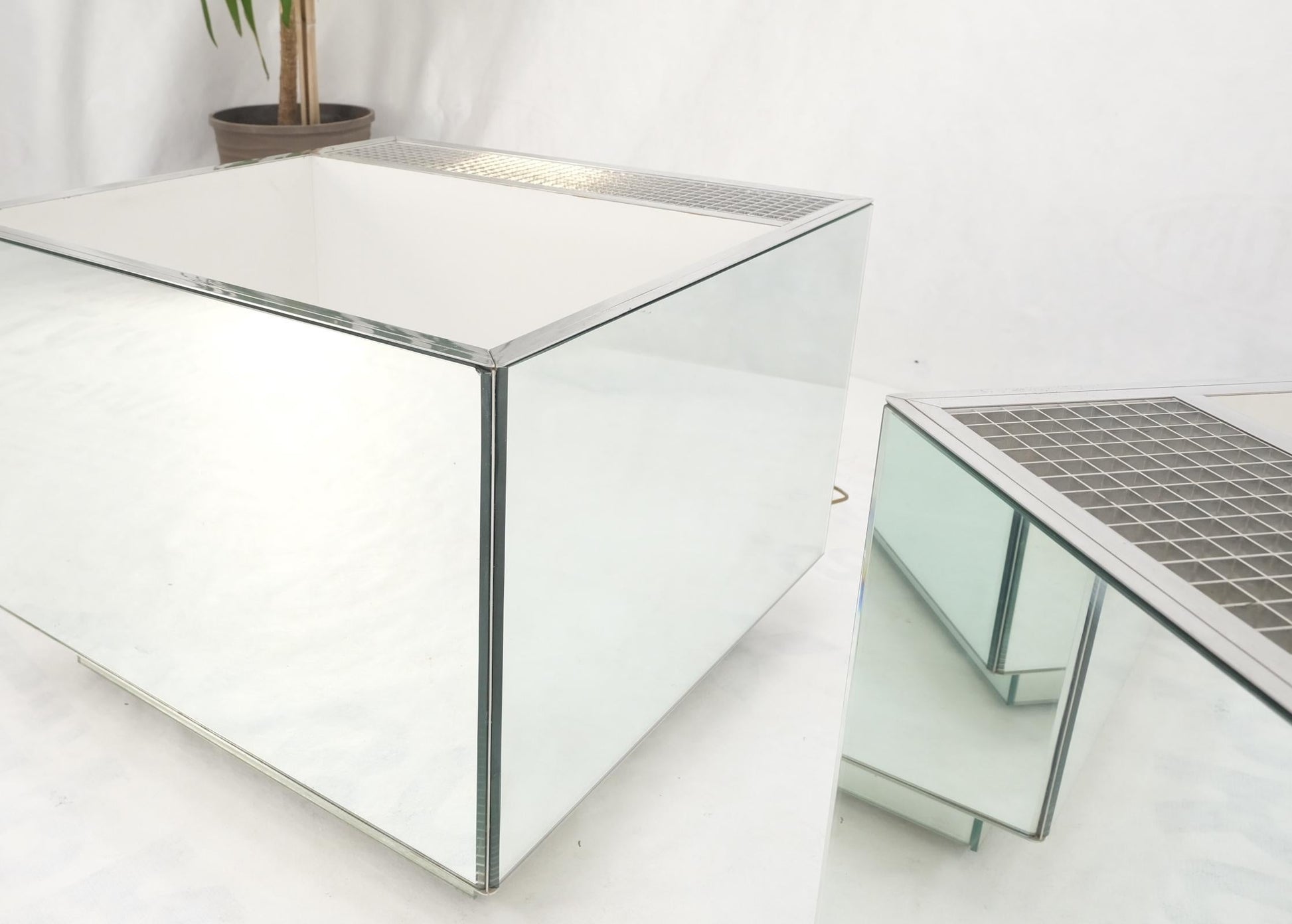 EstablishedLines Pair of Very Fine Mirrored Box Planters Lights Stainless Steel Cases