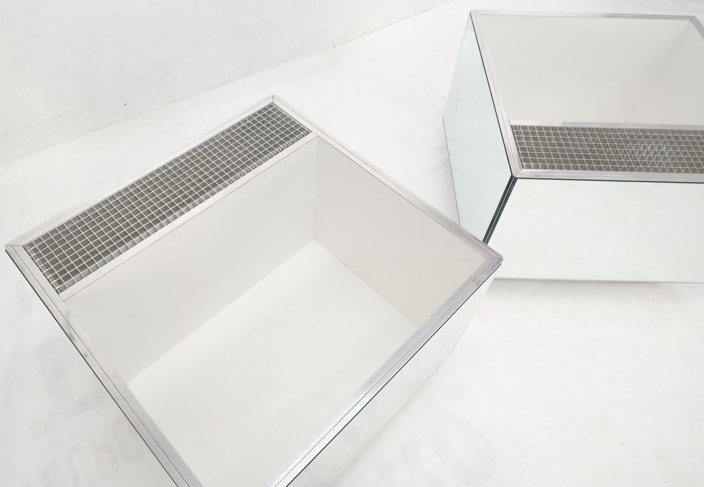 EstablishedLines Pair of Very Fine Mirrored Box Planters Lights Stainless Steel Cases