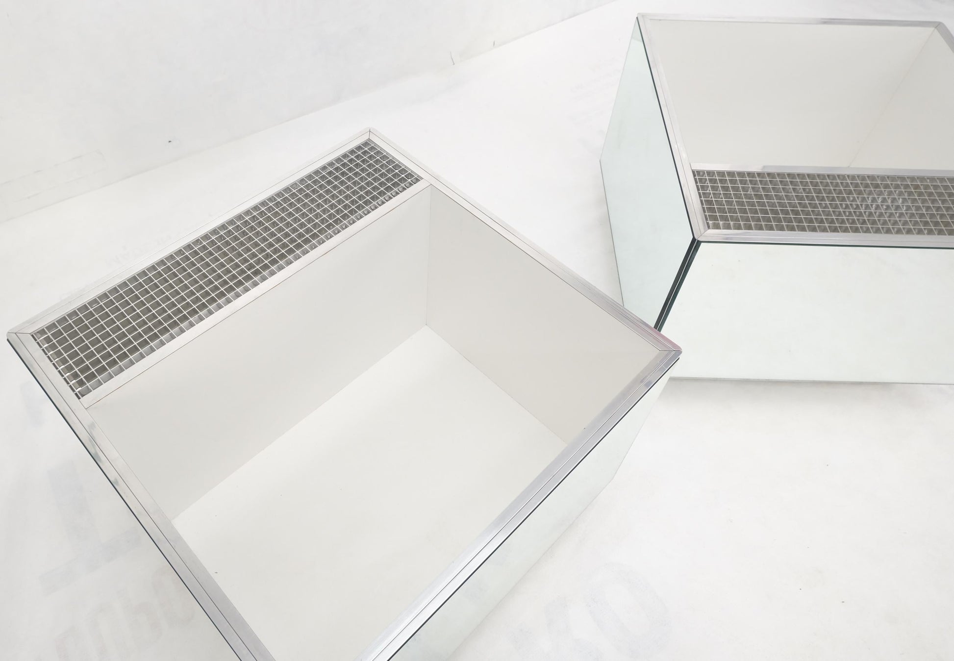 EstablishedLines Pair of Very Fine Mirrored Box Planters Lights Stainless Steel Cases