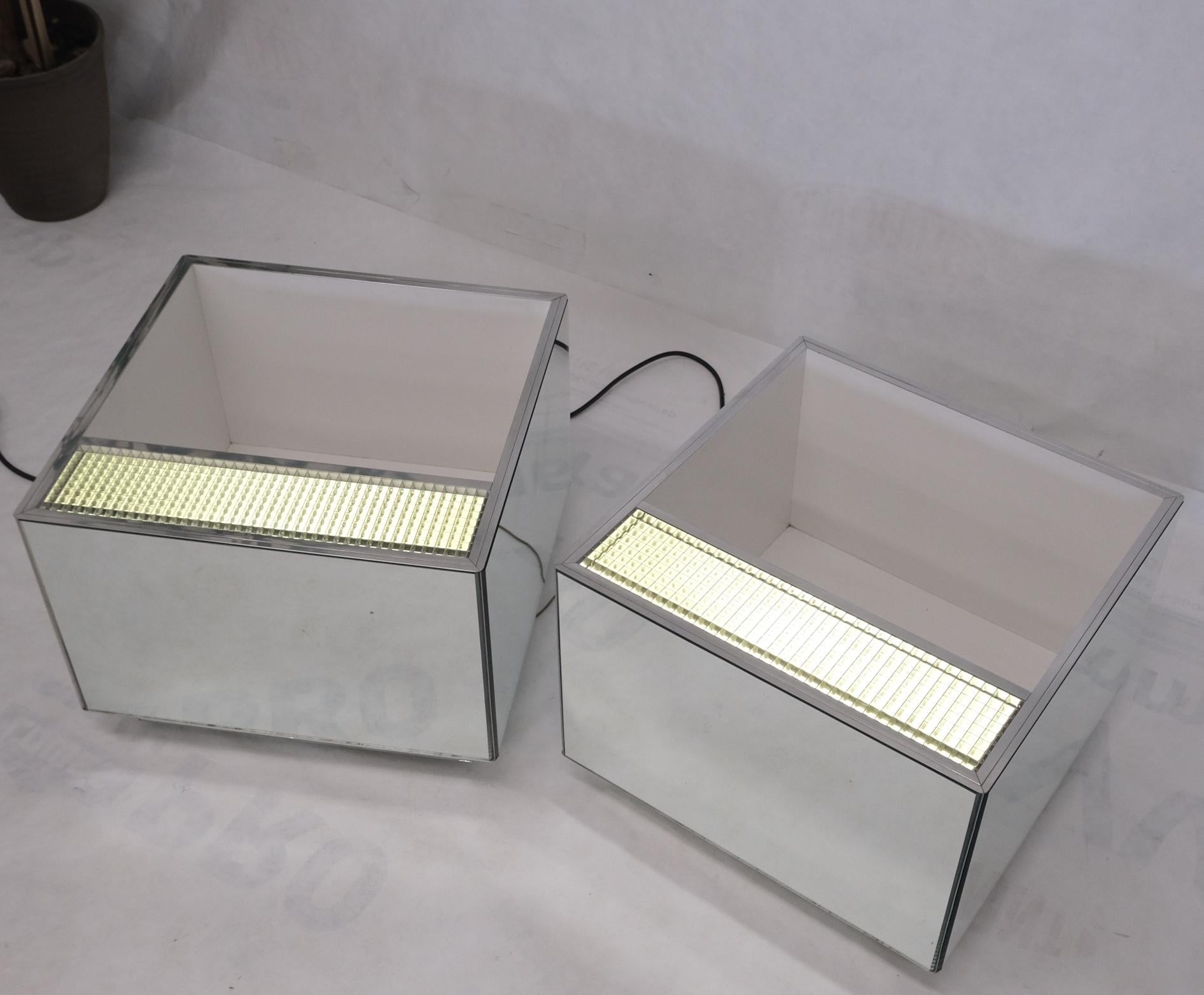 EstablishedLines Pair of Very Fine Mirrored Box Planters Lights Stainless Steel Cases