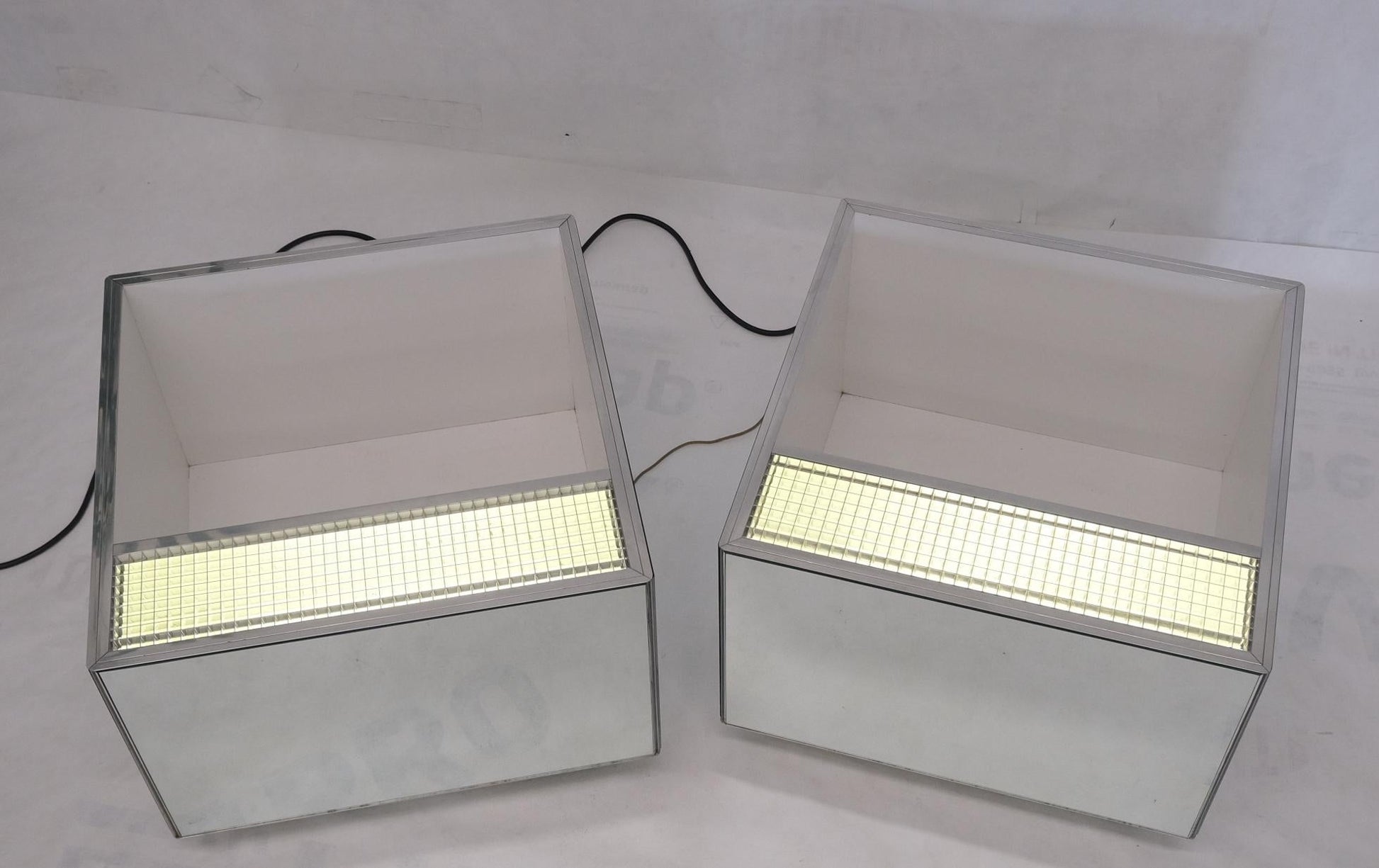 EstablishedLines Pair of Very Fine Mirrored Box Planters Lights Stainless Steel Cases