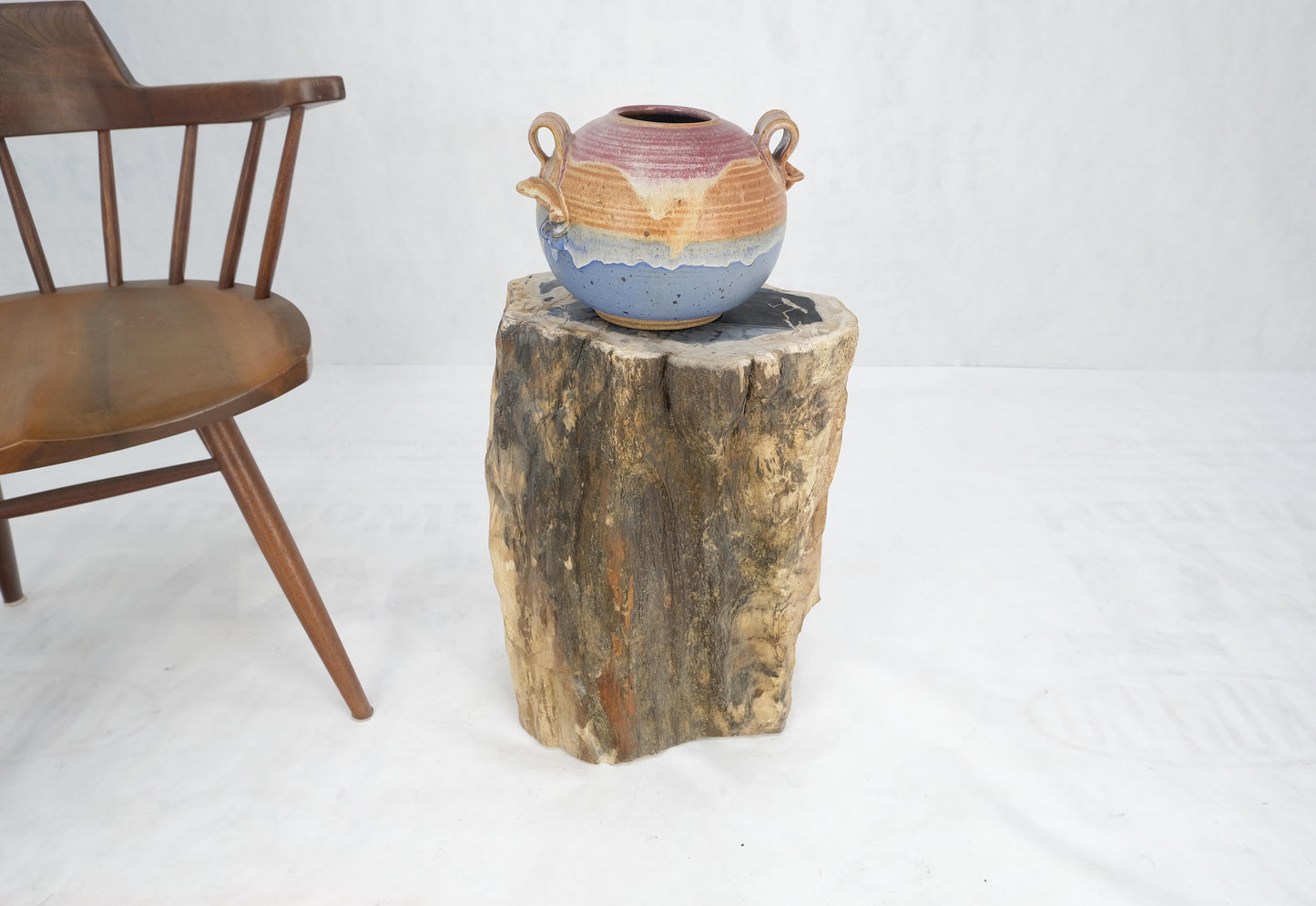 EstablishedLines Beige Black Petrified Wood Organic Stomp Shape Stand End Side Table Pedestal