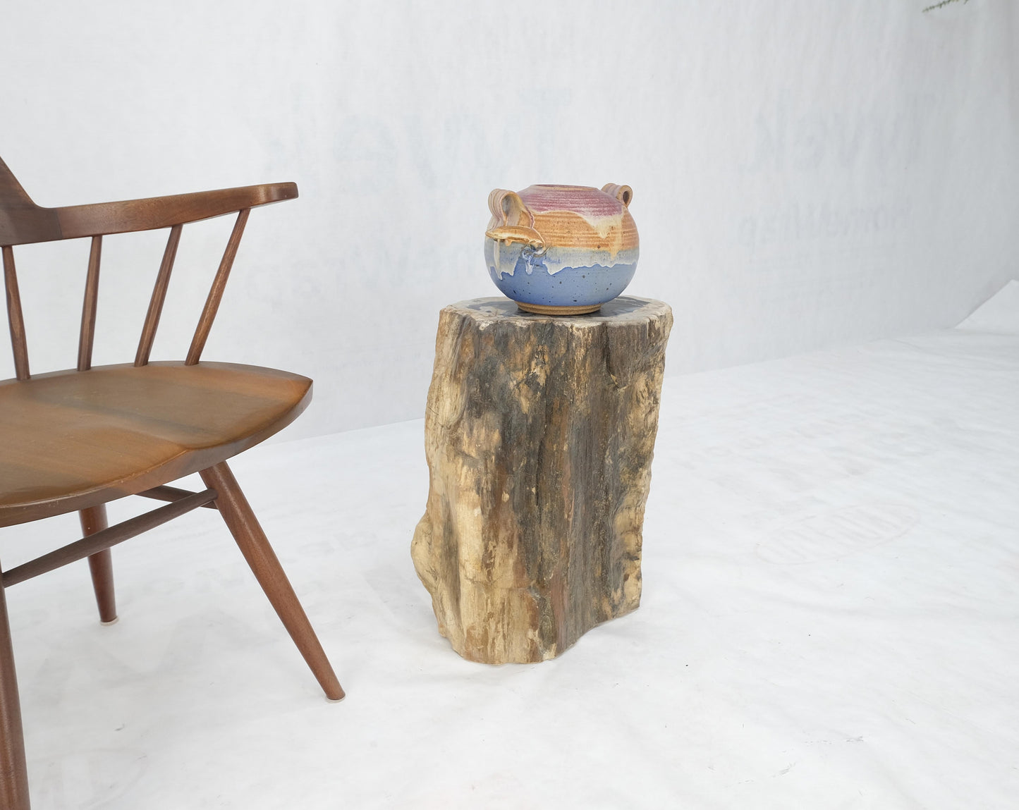 EstablishedLines Beige Black Petrified Wood Organic Stomp Shape Stand End Side Table Pedestal