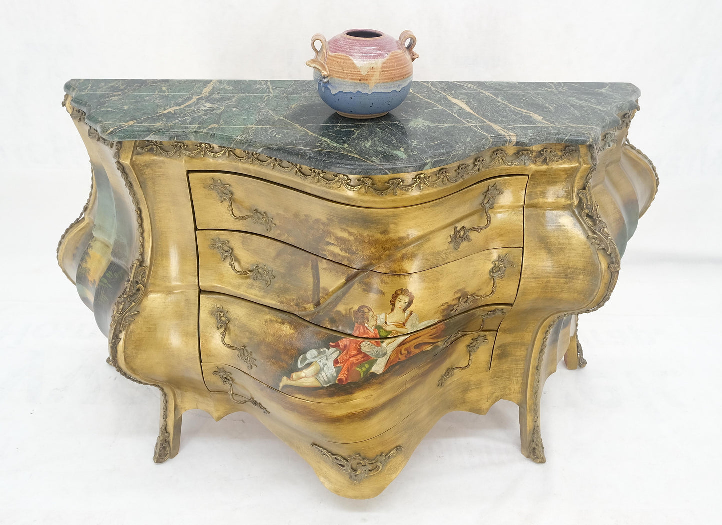 EstablishedLines Venetian Italian Bombe Style Painted Marble Top 3 Drawers Dresser MINT!