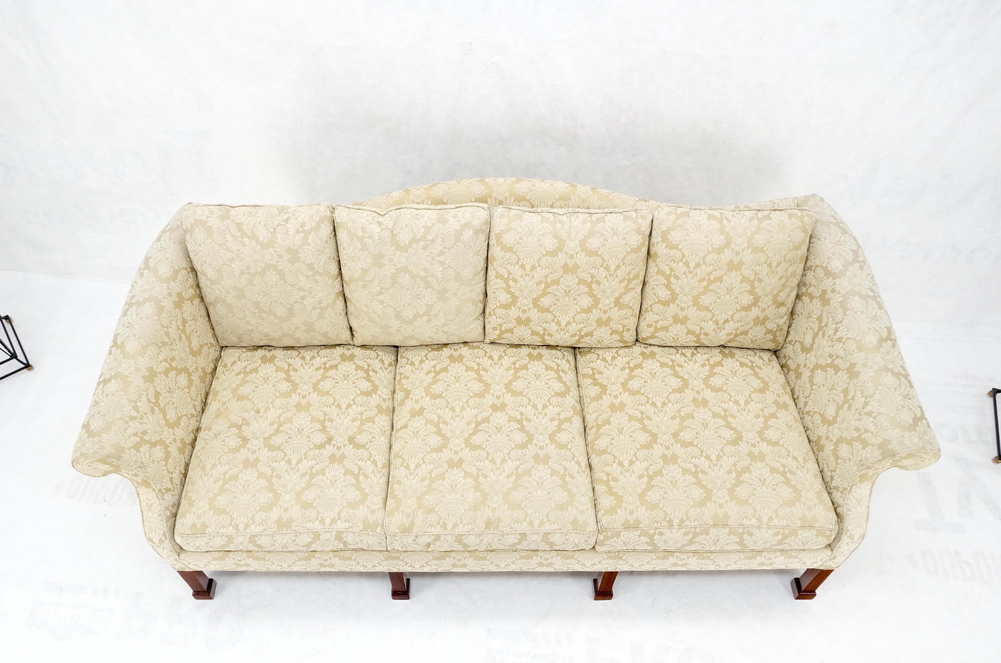 EstablishedLines Camel Back Federal Style Mahogany Stretcher Base Beige Upholstery Sofa Mint!