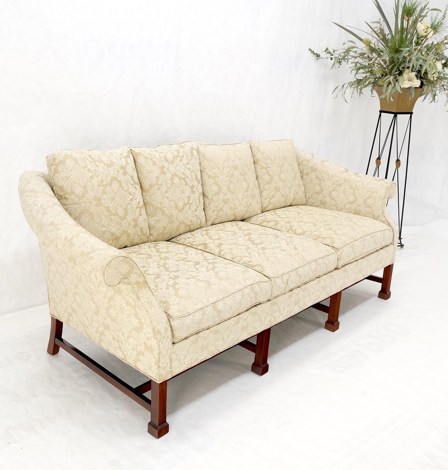 EstablishedLines Camel Back Federal Style Mahogany Stretcher Base Beige Upholstery Sofa Mint!