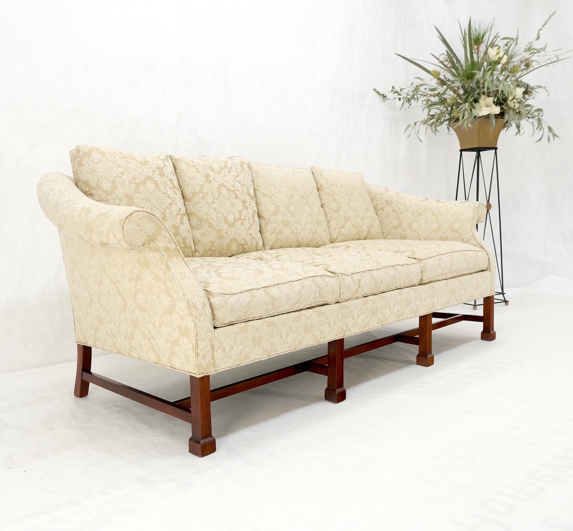 EstablishedLines Camel Back Federal Style Mahogany Stretcher Base Beige Upholstery Sofa Mint!