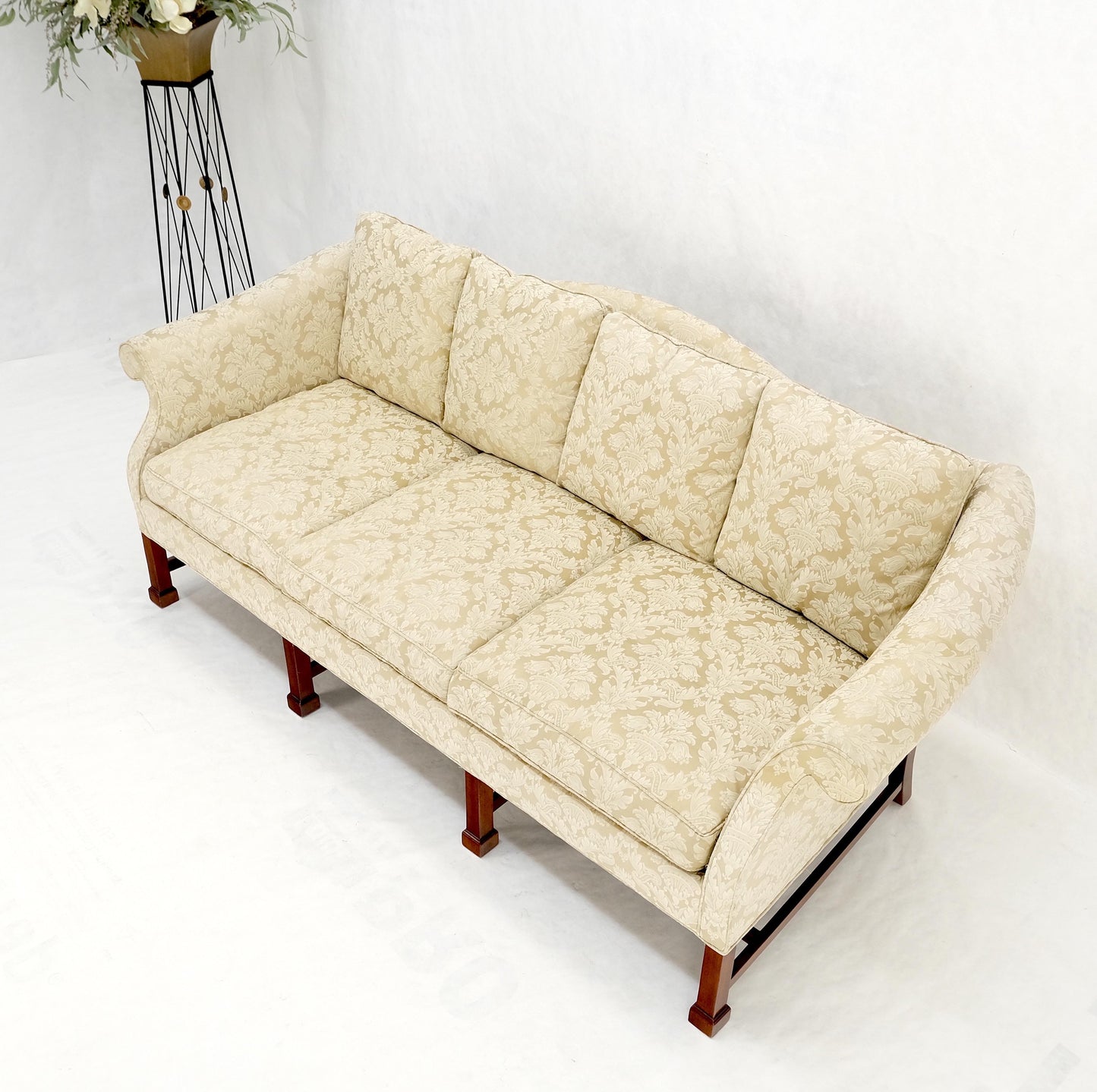 EstablishedLines Camel Back Federal Style Mahogany Stretcher Base Beige Upholstery Sofa Mint!
