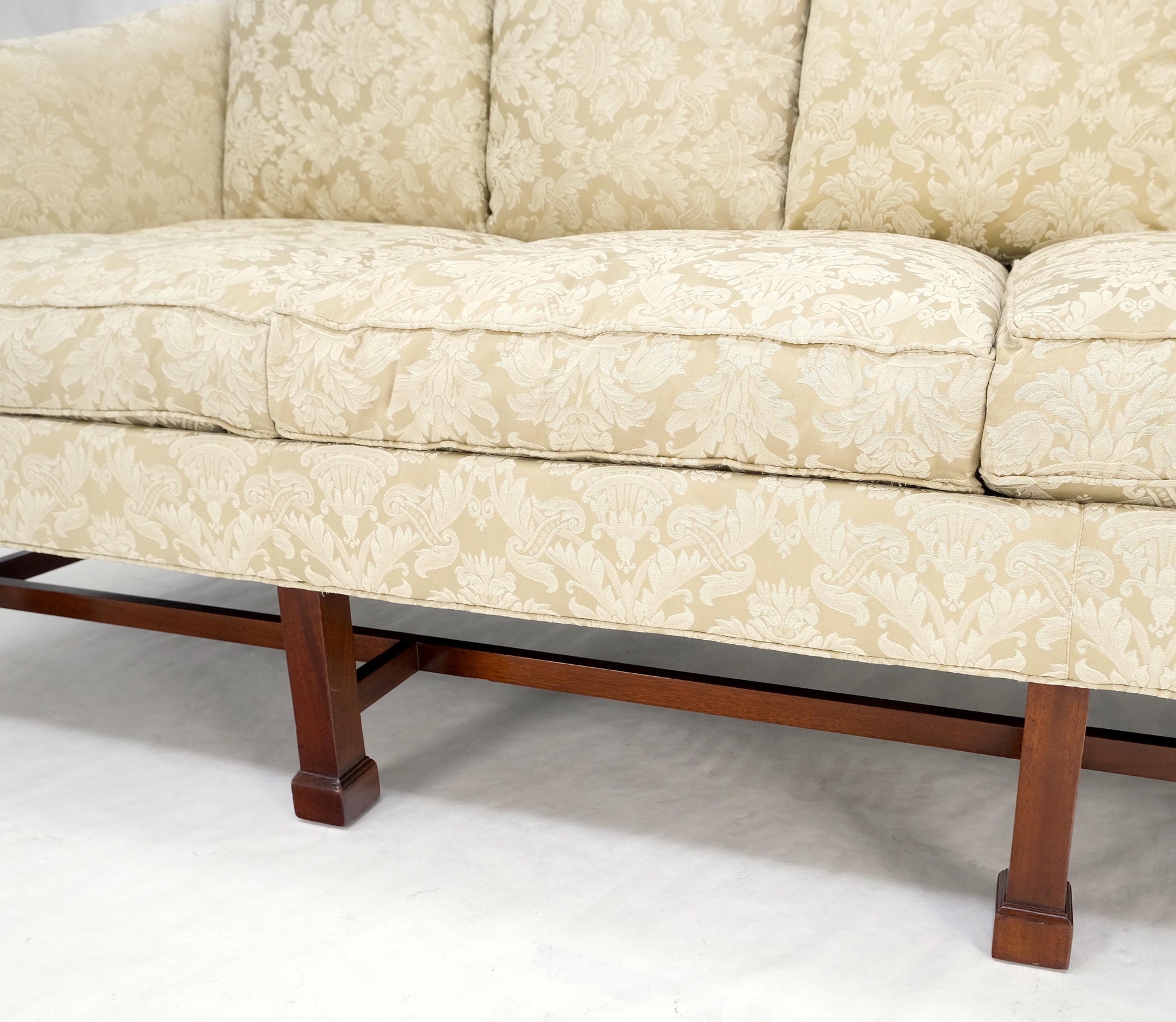 EstablishedLines Camel Back Federal Style Mahogany Stretcher Base Beige Upholstery Sofa Mint!