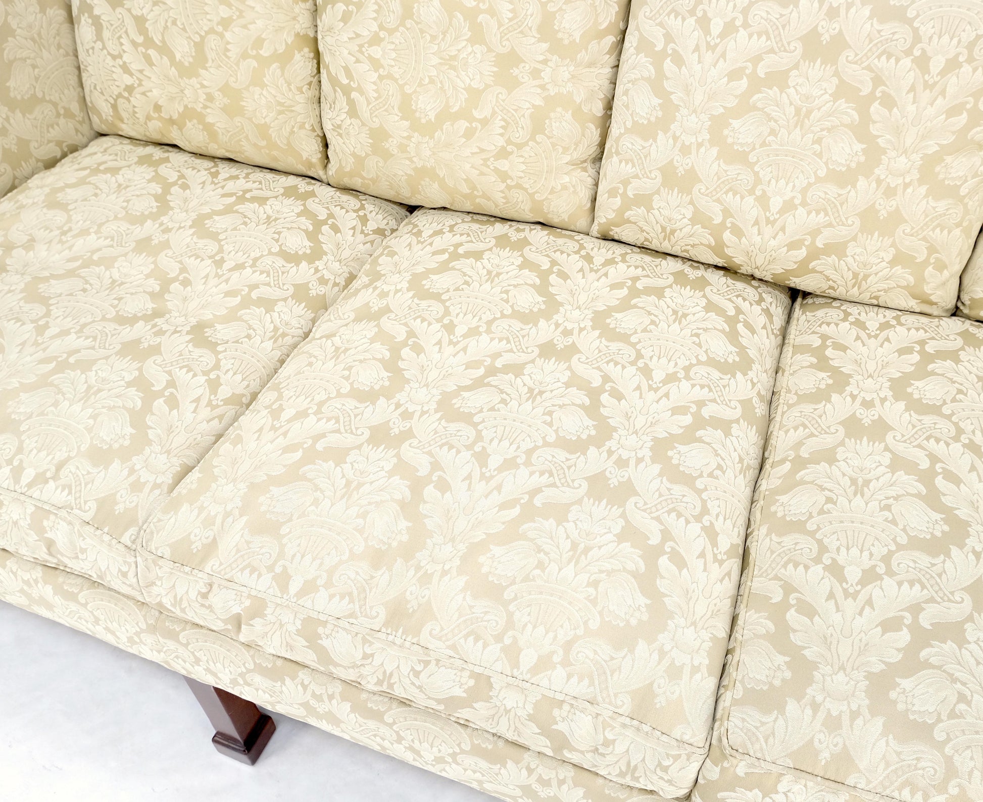 EstablishedLines Camel Back Federal Style Mahogany Stretcher Base Beige Upholstery Sofa Mint!