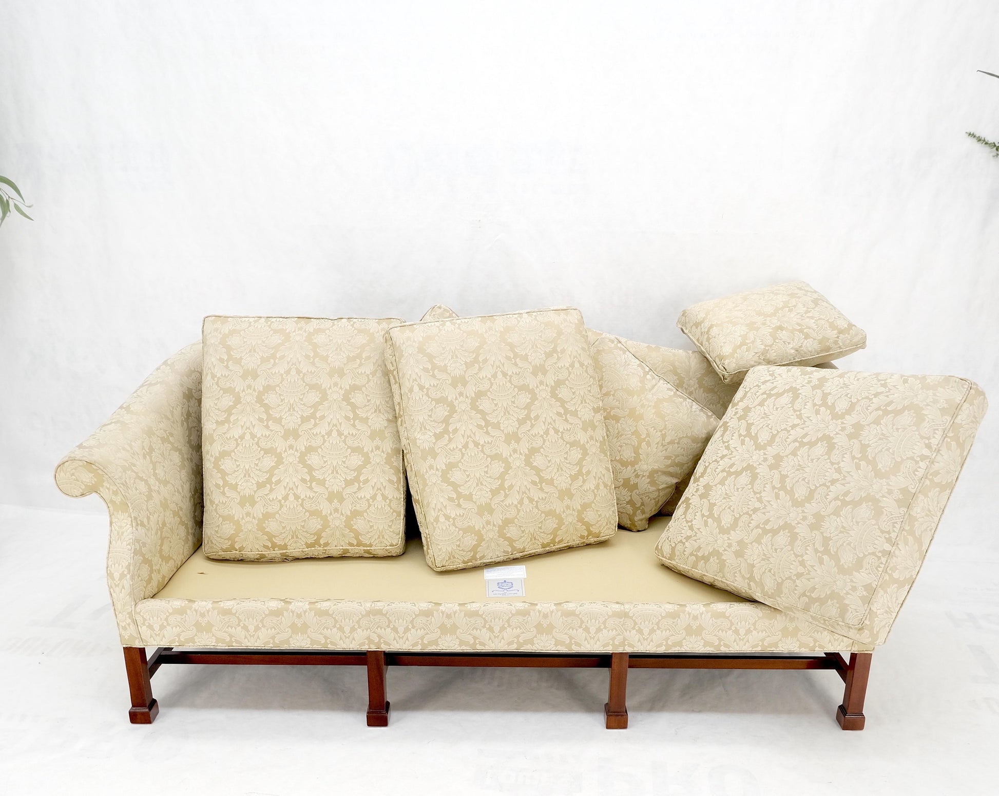 EstablishedLines Camel Back Federal Style Mahogany Stretcher Base Beige Upholstery Sofa Mint!