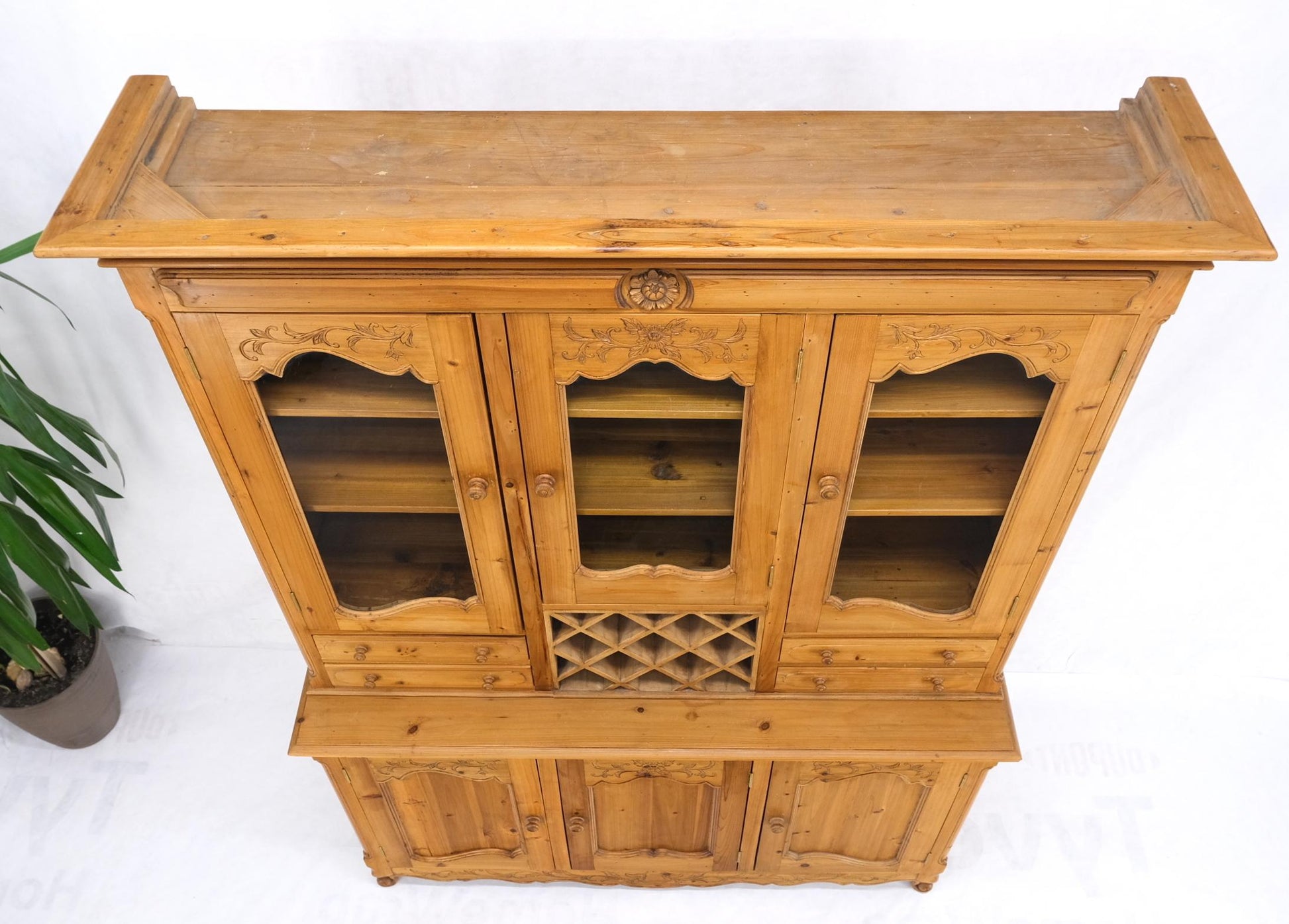 EstablishedLines Country French Vintage Wine Rack Two-Piece Pine Step-Back Hutch