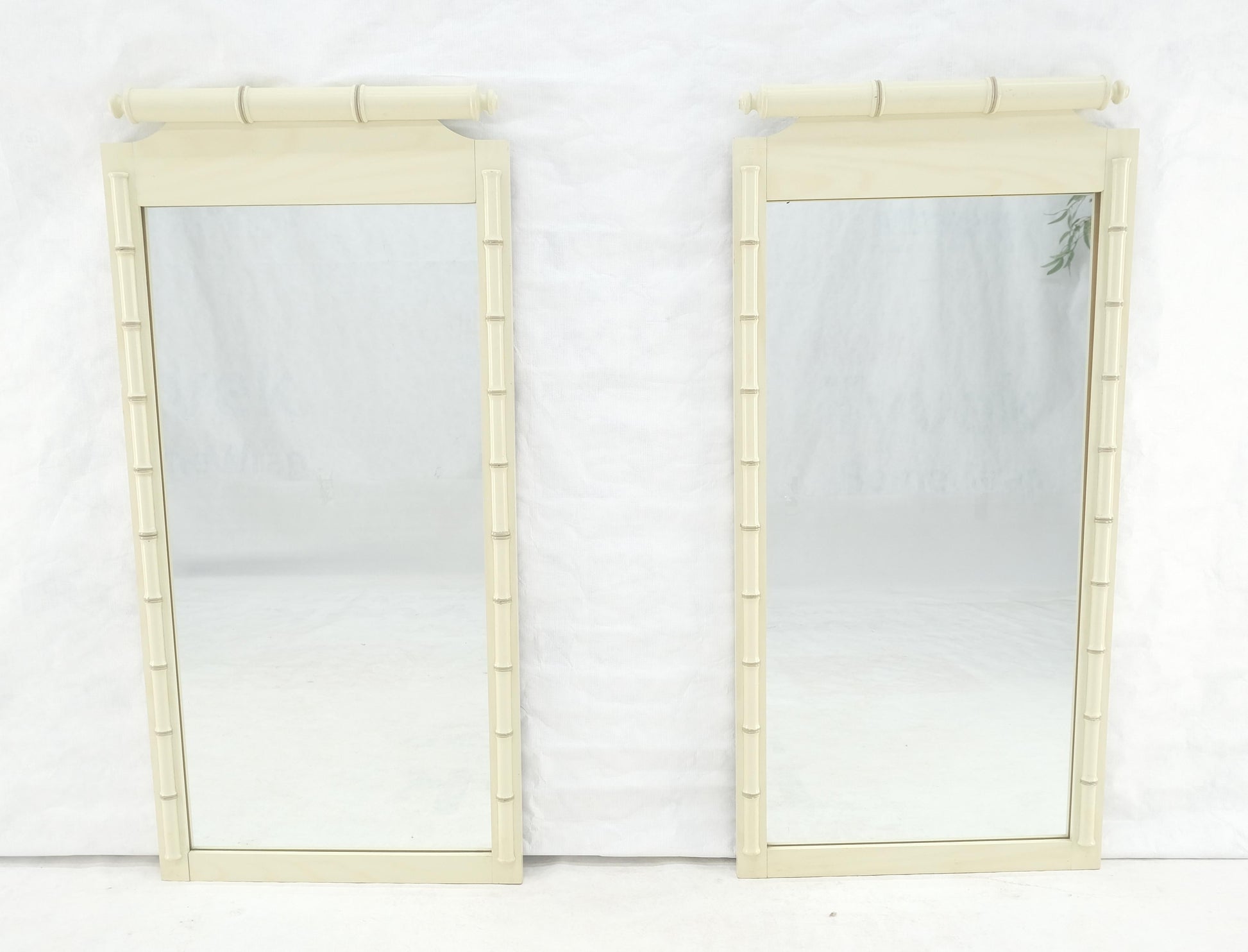 EstablishedLines Pair of White Lacquer Mid Century Modern Rectangle Faux Bamboo Wall Mirrors MINT