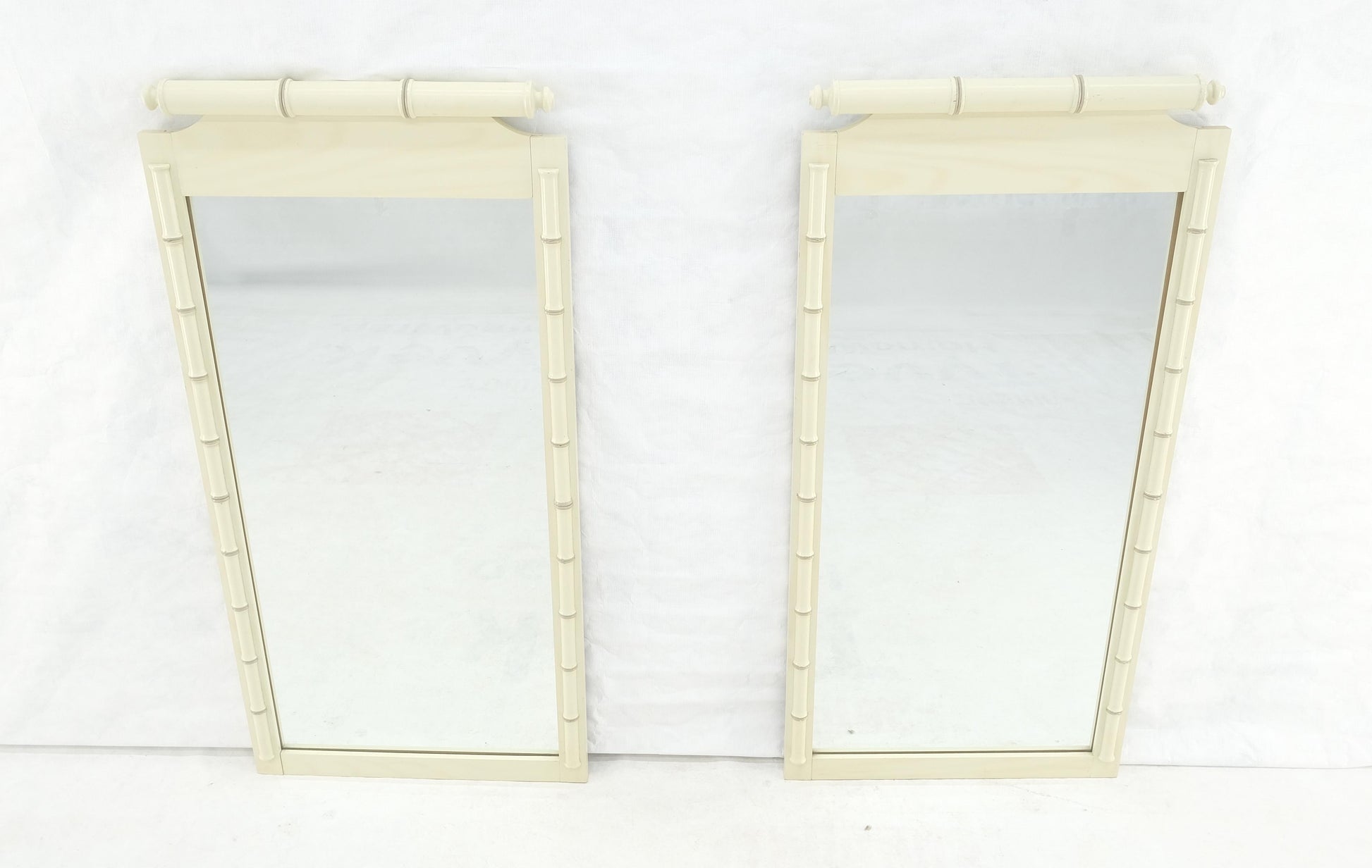 EstablishedLines Pair of White Lacquer Mid Century Modern Rectangle Faux Bamboo Wall Mirrors MINT