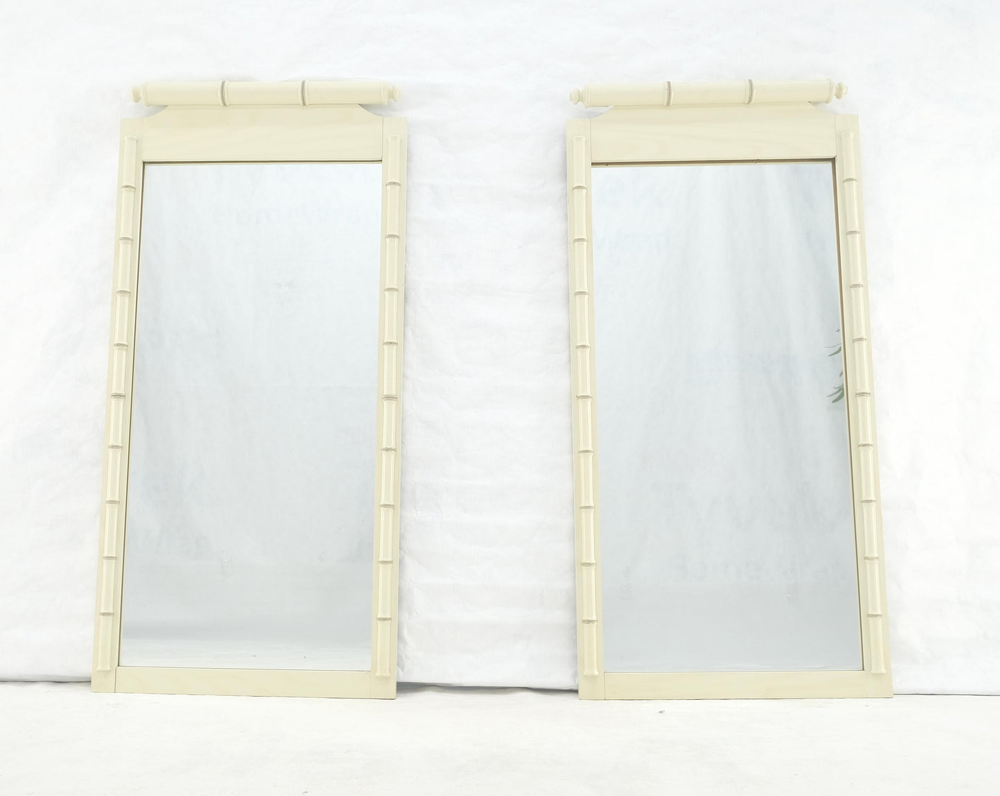 EstablishedLines Pair of White Lacquer Mid Century Modern Rectangle Faux Bamboo Wall Mirrors MINT