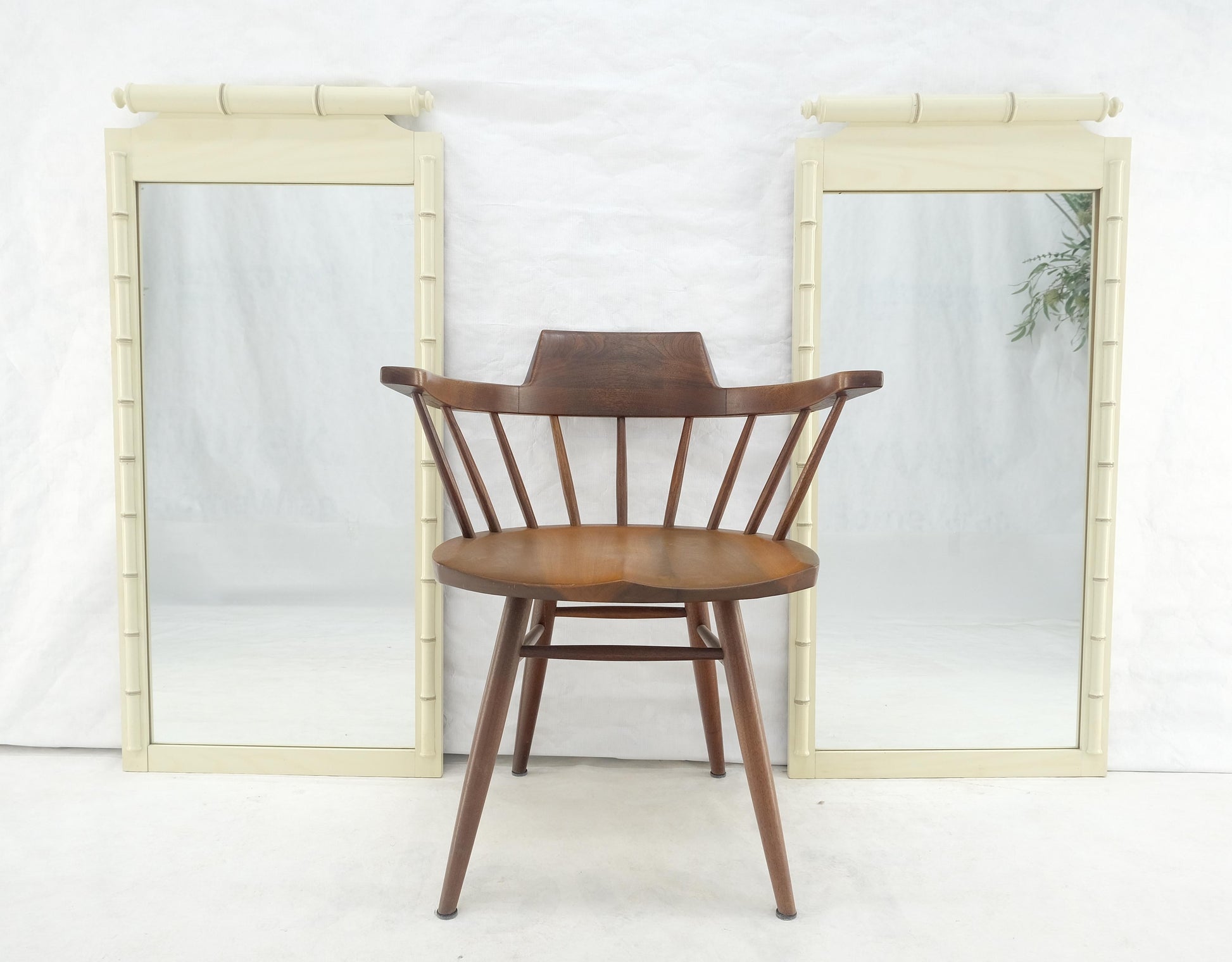 EstablishedLines Pair of White Lacquer Mid Century Modern Rectangle Faux Bamboo Wall Mirrors MINT