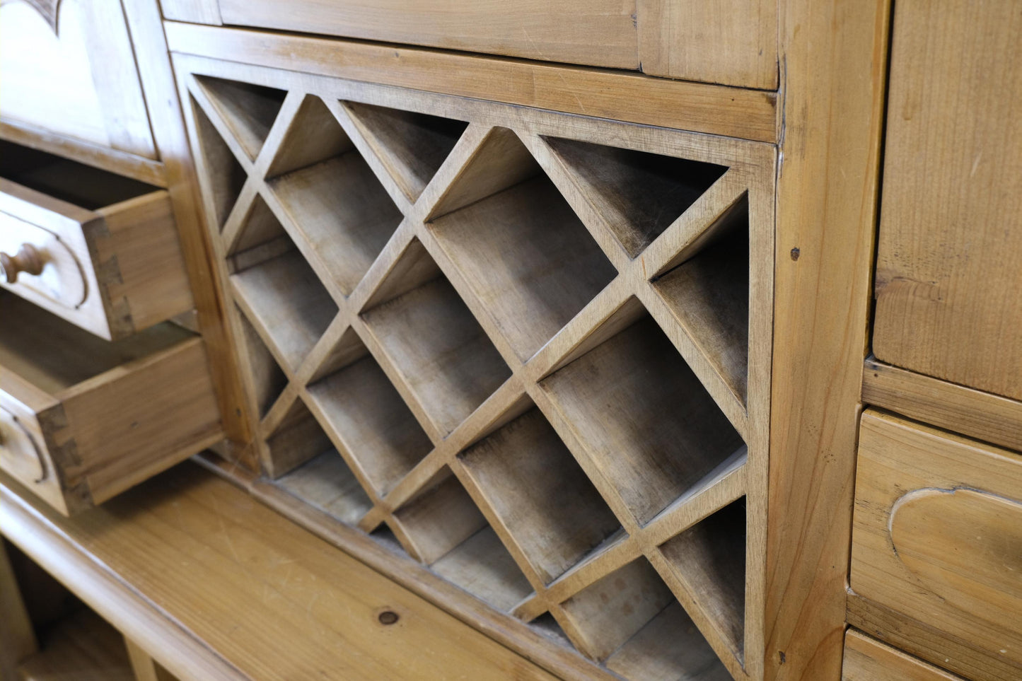 EstablishedLines Country French Vintage Wine Rack Two-Piece Pine Step-Back Hutch