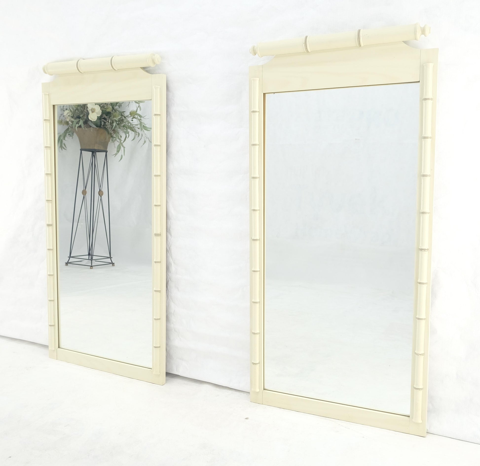 EstablishedLines Pair of White Lacquer Mid Century Modern Rectangle Faux Bamboo Wall Mirrors MINT