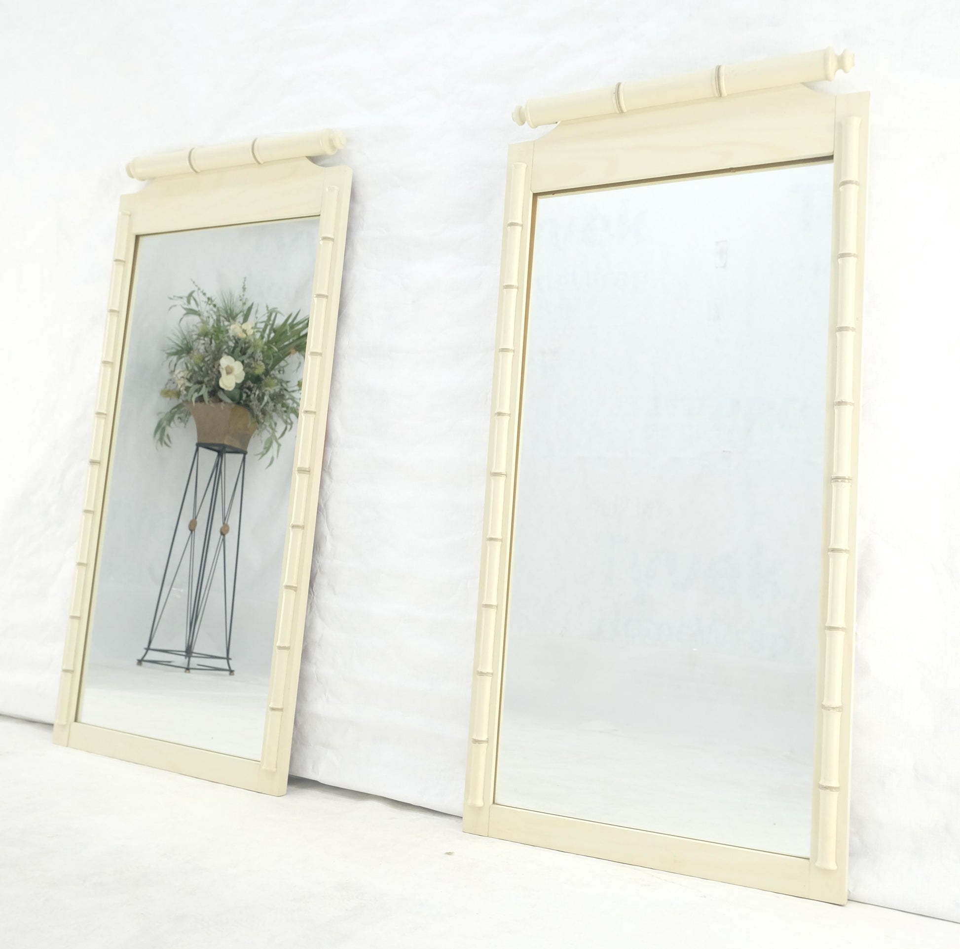 EstablishedLines Pair of White Lacquer Mid Century Modern Rectangle Faux Bamboo Wall Mirrors MINT