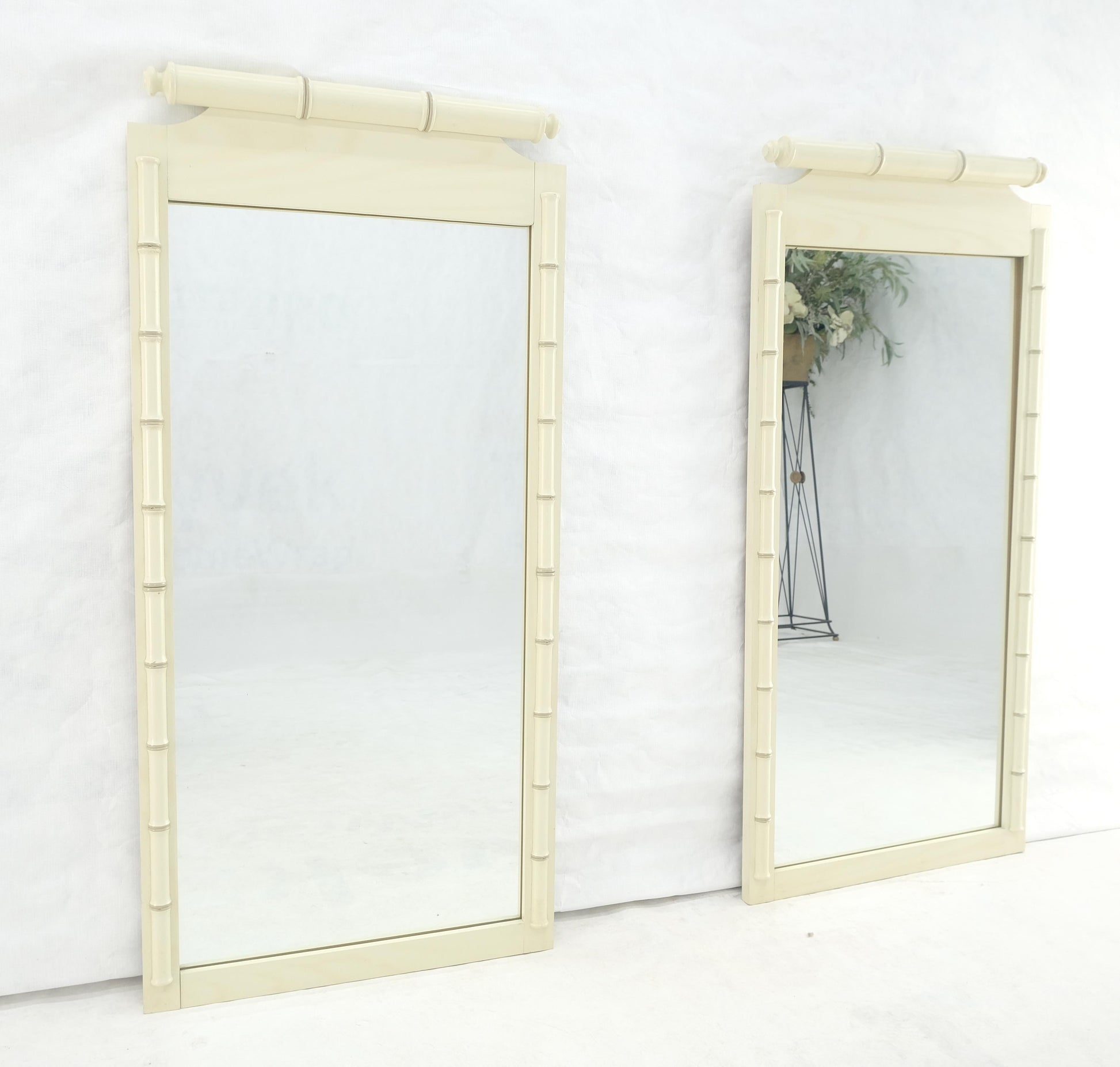 EstablishedLines Pair of White Lacquer Mid Century Modern Rectangle Faux Bamboo Wall Mirrors MINT