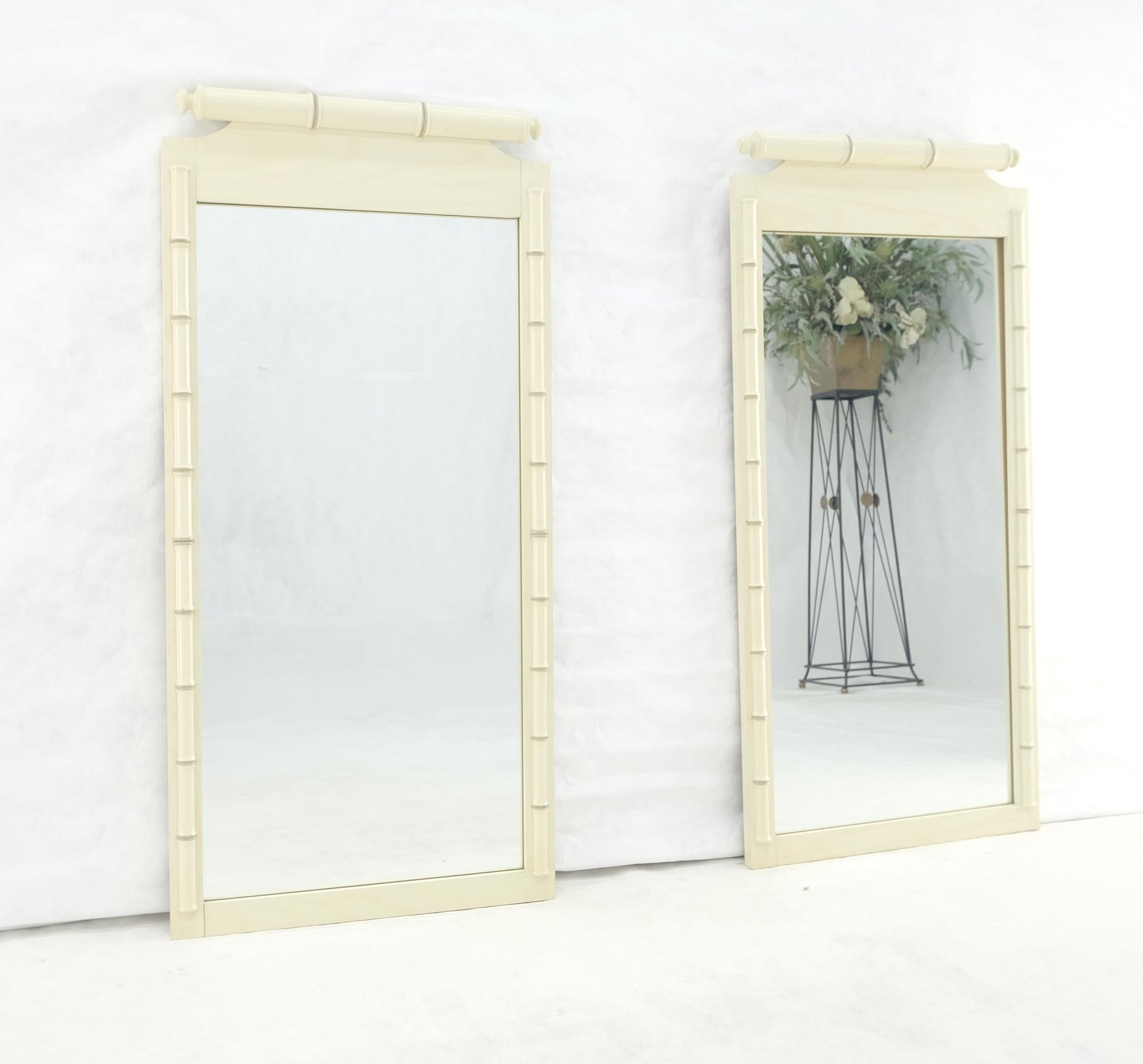 EstablishedLines Pair of White Lacquer Mid Century Modern Rectangle Faux Bamboo Wall Mirrors MINT